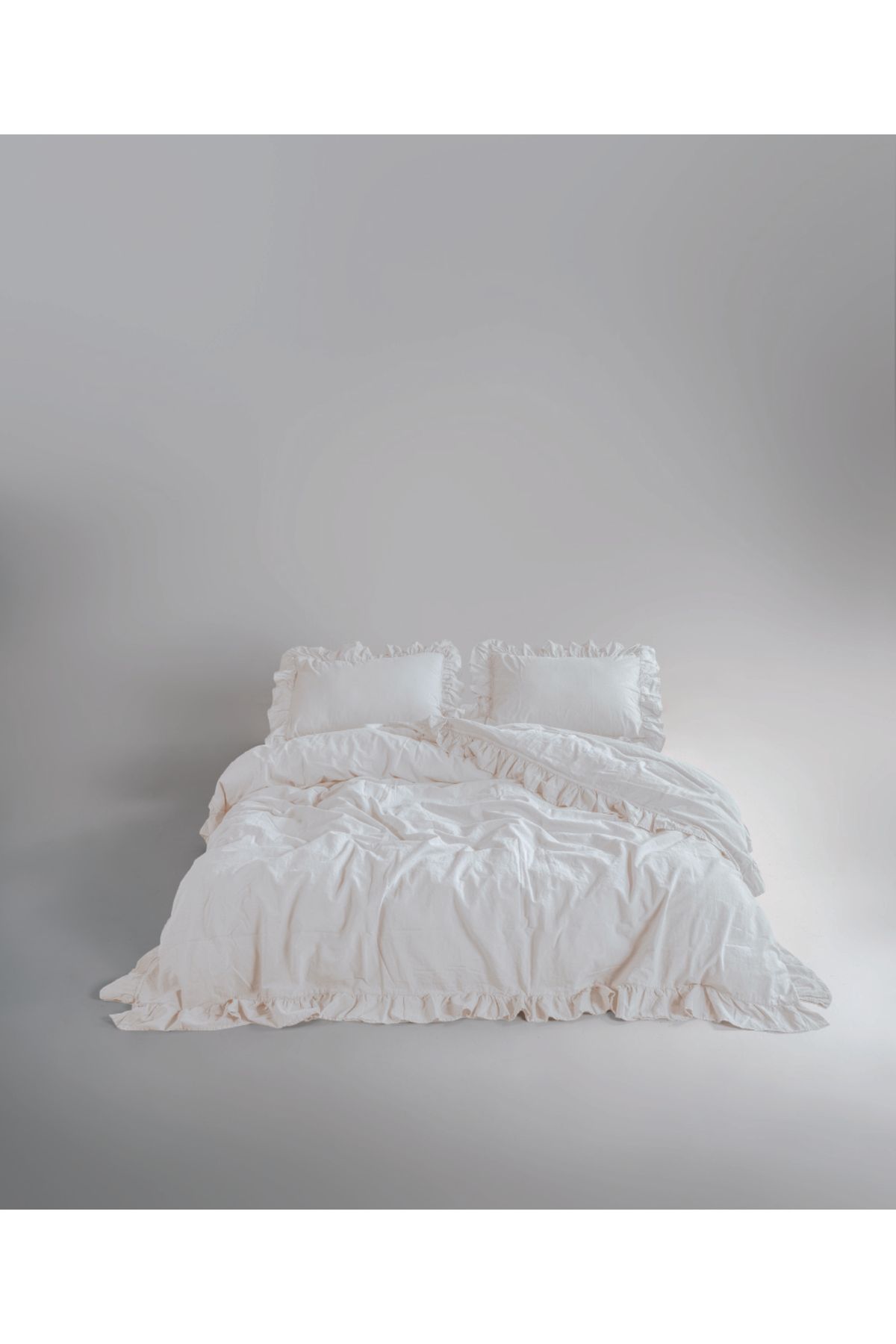 LİMASSO Stonewash 100% Yıkanmış Fırfırlı Pamuk Exclusive Nevresim Takımı - Snow White