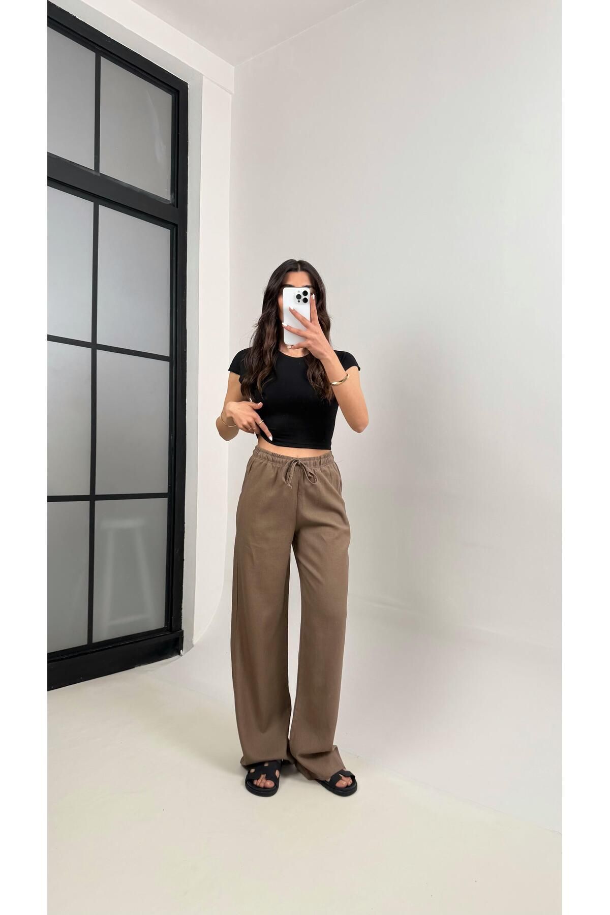 Gaus Kahve Beli Lastikli Muadil Keten Pantolon Gaus00346
