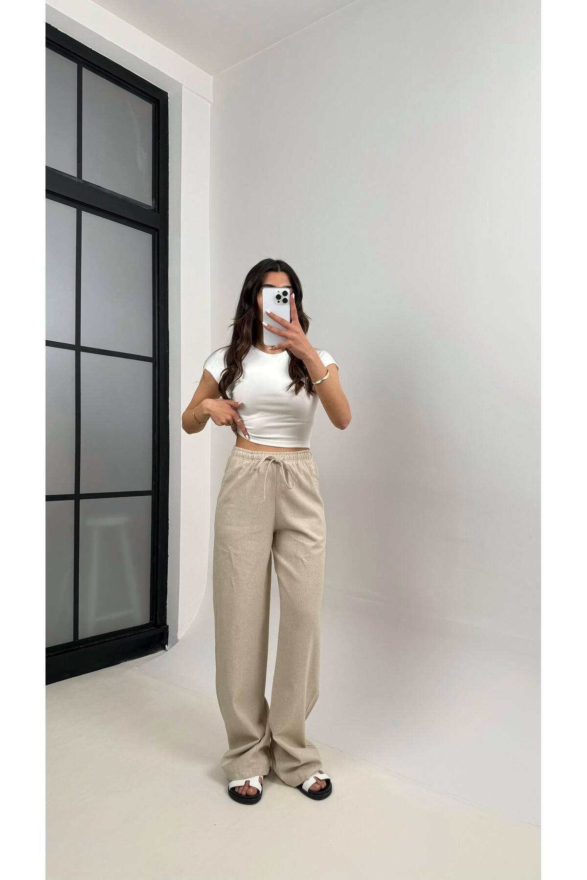 Gaus Taş Beli Lastikli Muadil Keten Pantolon Gaus00346