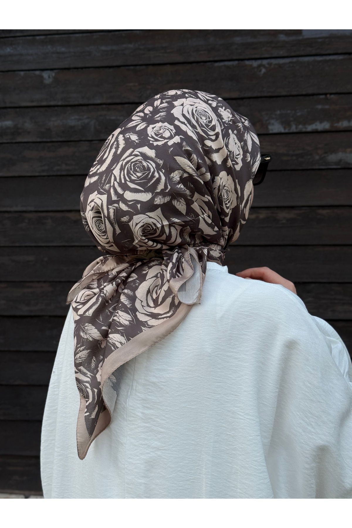 Qalortex Scarf Pamuklu Soft Roza Desen Eşarp-Vizon