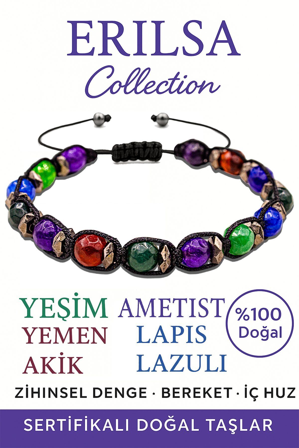Erilsa Sertifikalı Fasetli Terahertz & Yeşim, Ametist, Yemen Akik, Lapis Lazuli Bileklik – Enerji