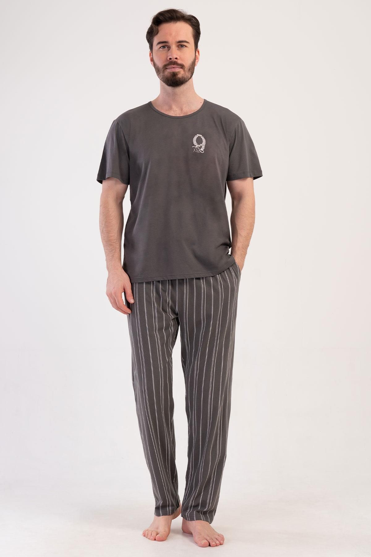 VİENETTA Erkek Kısa Kol Füme Pijama Takım %100 PAMUK C5T8N0O804