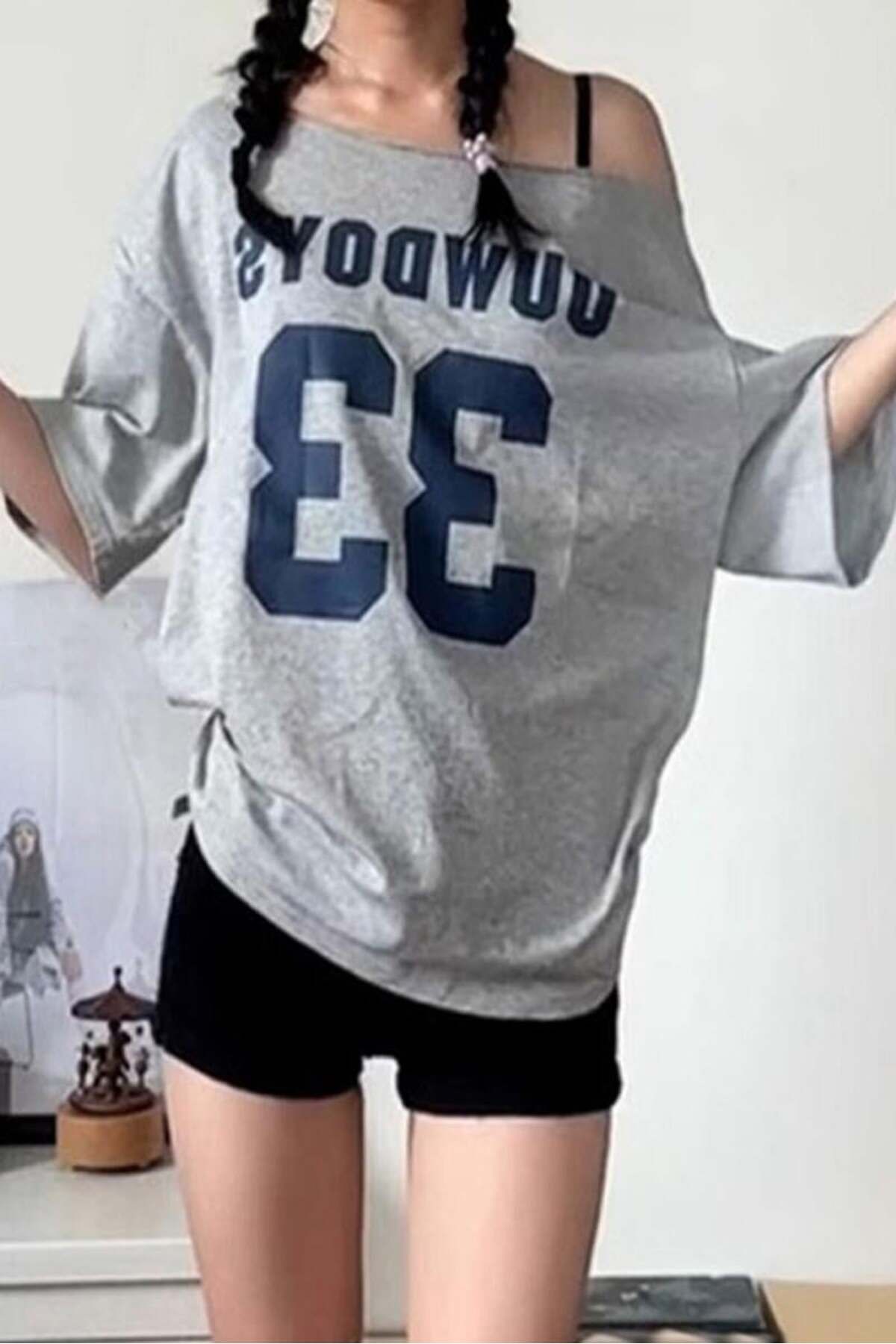Karakedi Gri Melanj 33 Uuwdoys Düşük Omuz Kısa Kol T-shirt