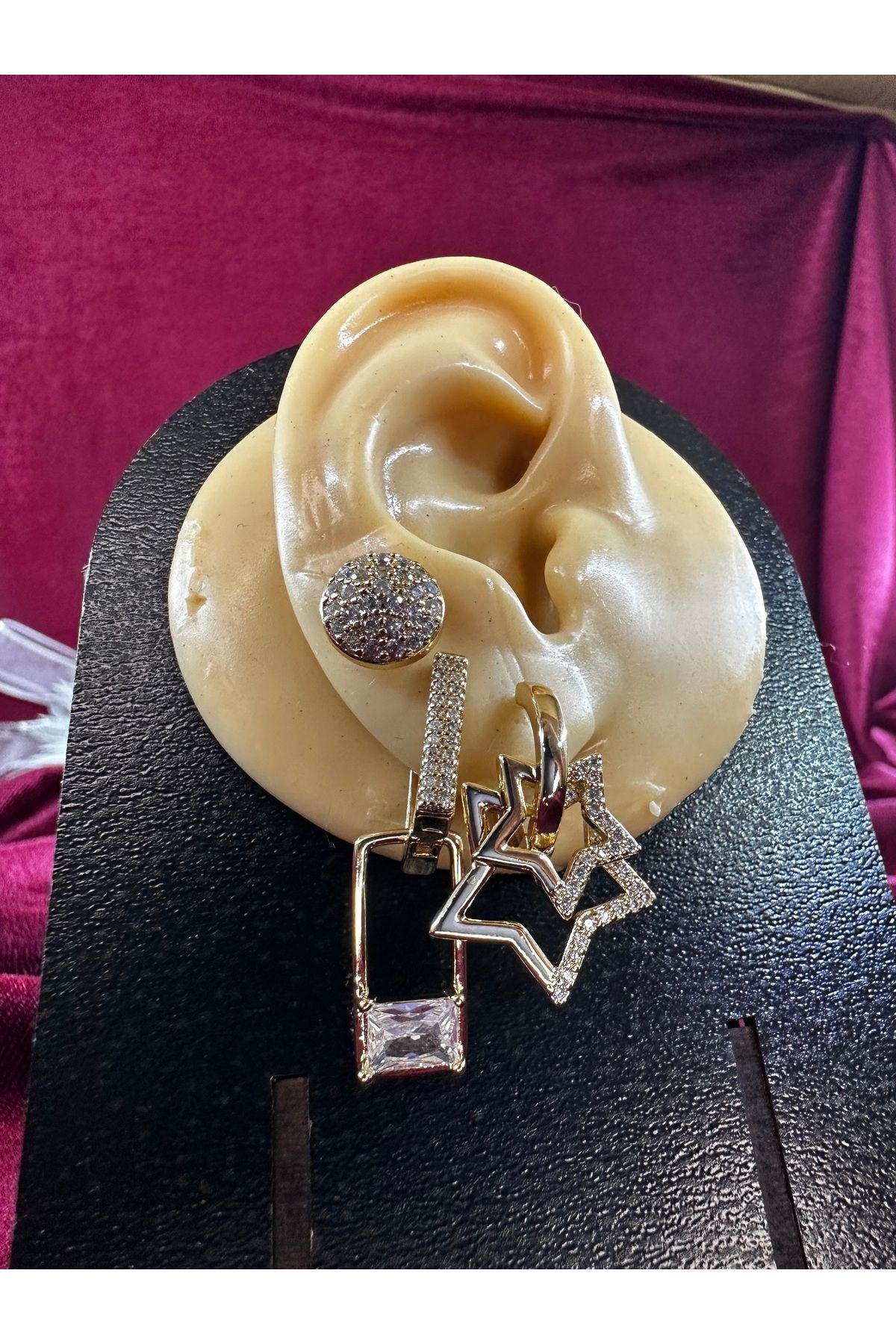 AYZENA 3'lü Zirkon Taş Detaylı Yıldız Özel Tasarım 14k Altın Rengi Set Küpe