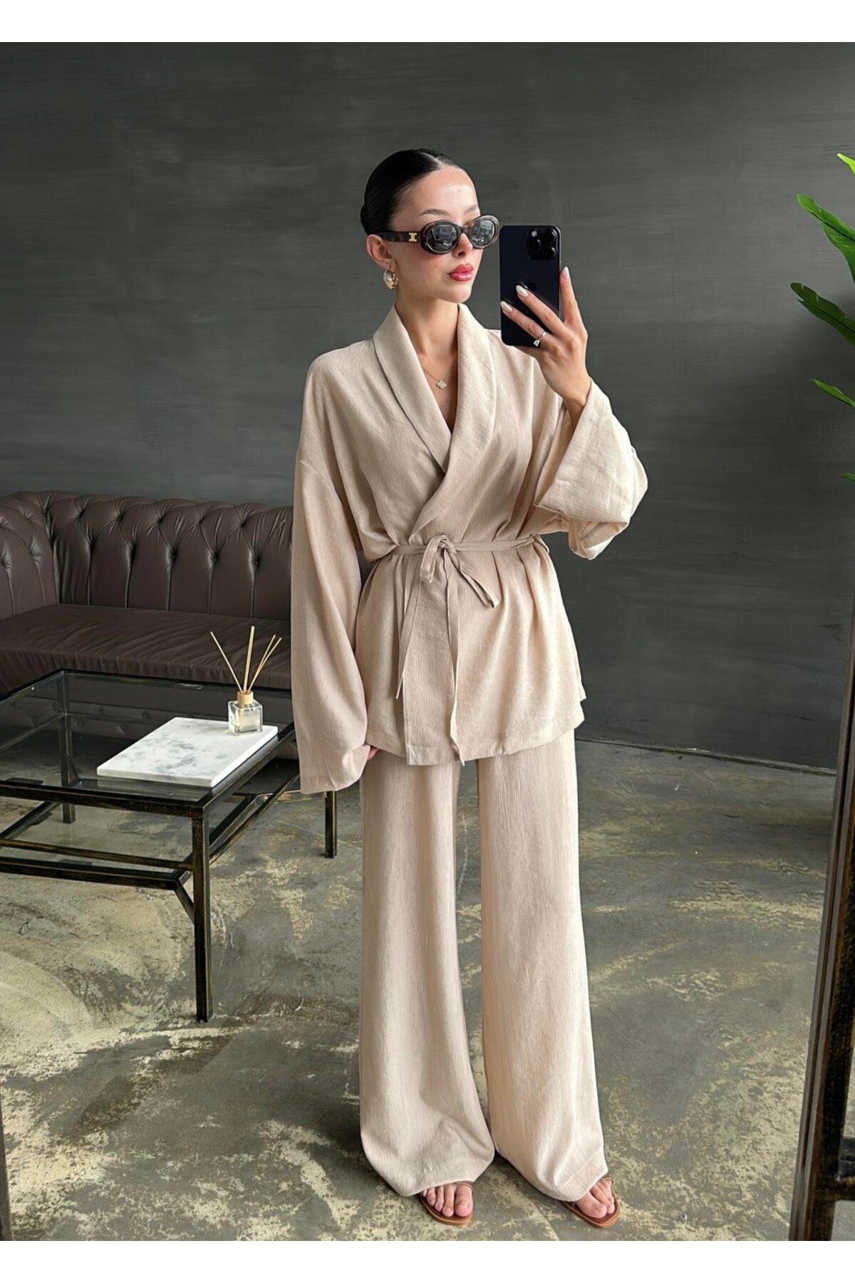 AlisaSu Kadın Şal Yaka Krinkıl Kimono Takım