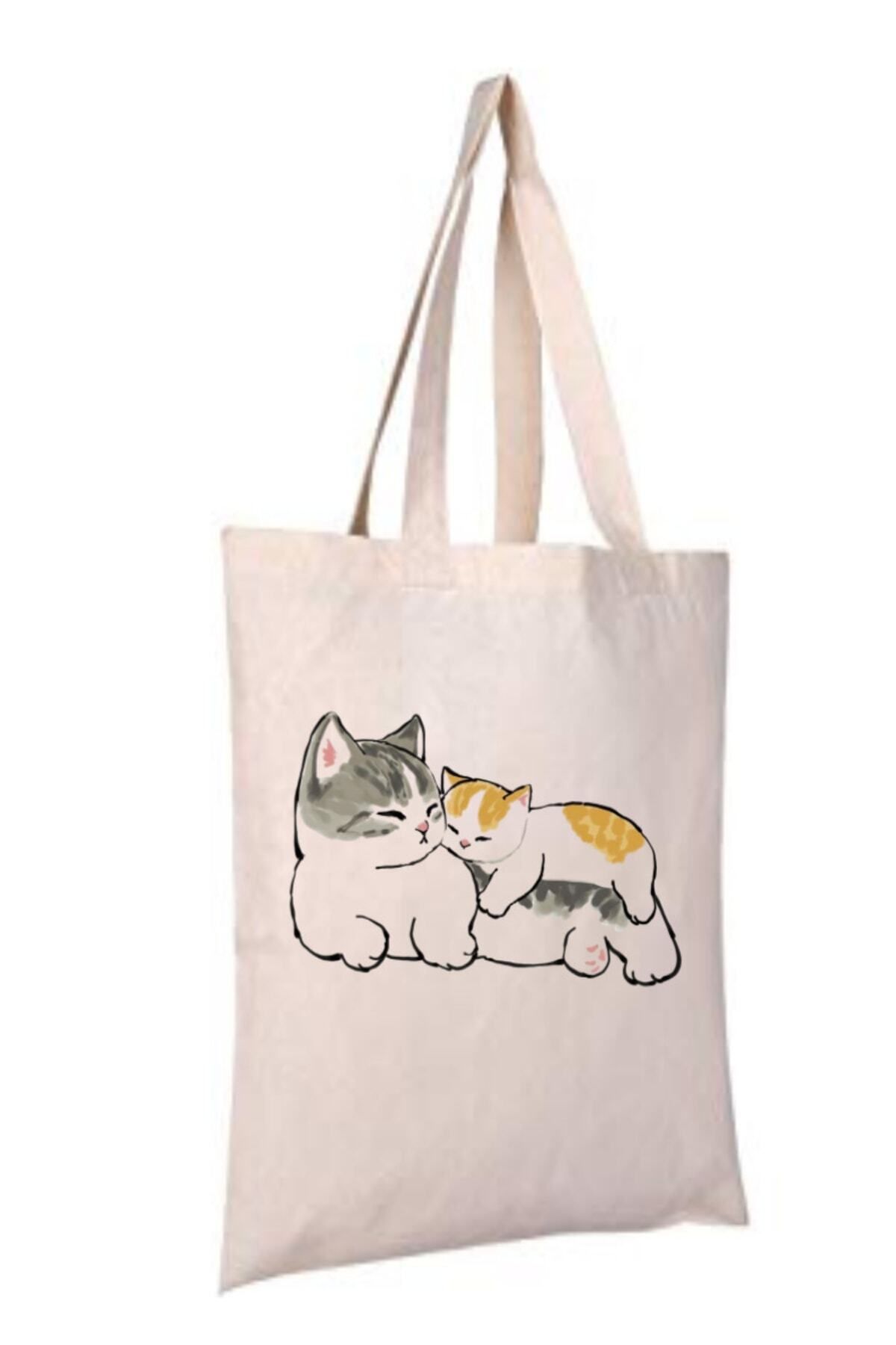 BİBANAPROMOSYON Anne Ve Bebek Kedi Anne Hediye Tote Bag Bez Çanta