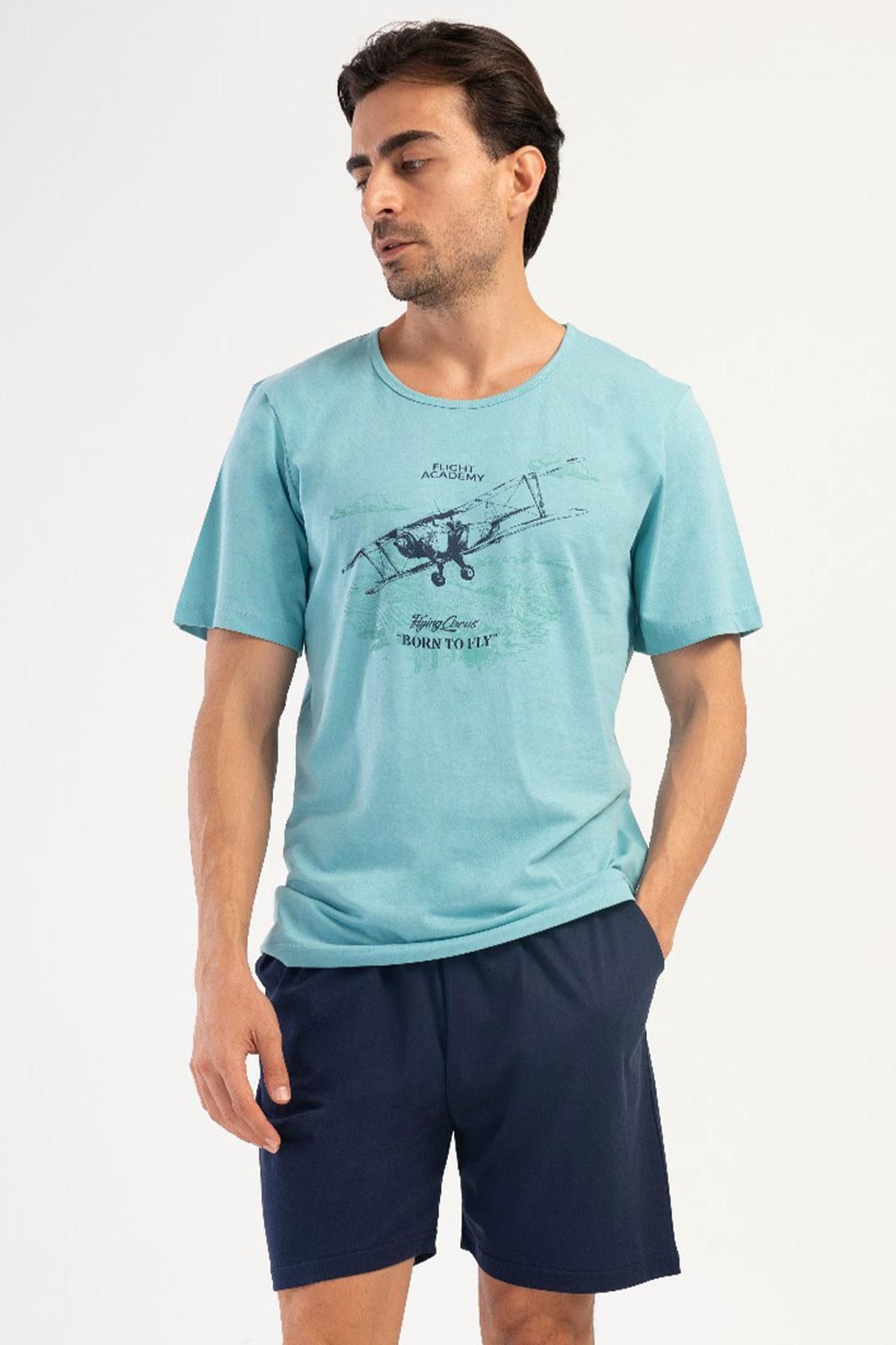 VİENETTA Erkek Kısa Kol Mint Şortlu Pijama Takım %100 PAMUK C1T3N1O504