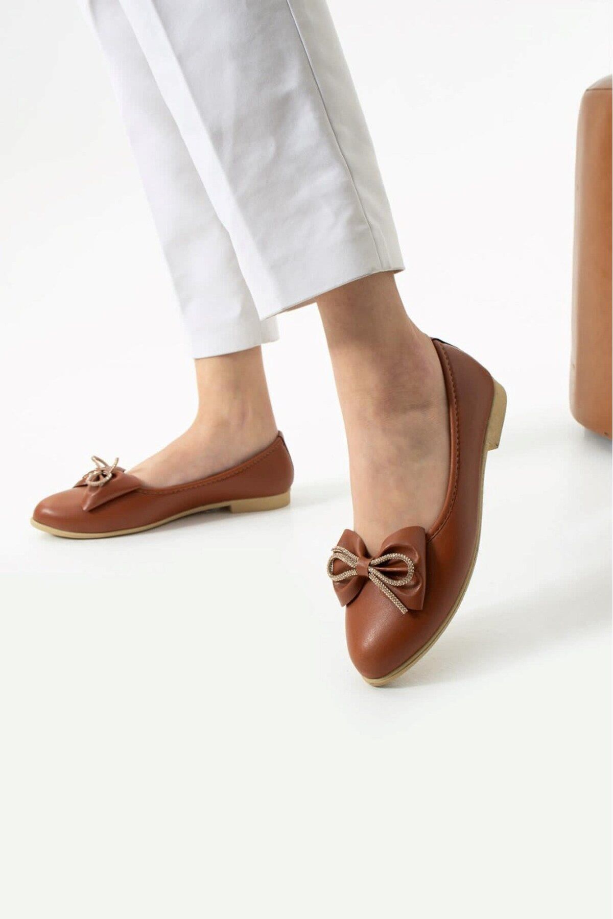 AlbiShoes Kadın Günlük Fiyonklu Balerin Babet Rahat Taban Şık Babet Günlük İş Ofis Babet Ayakkabı