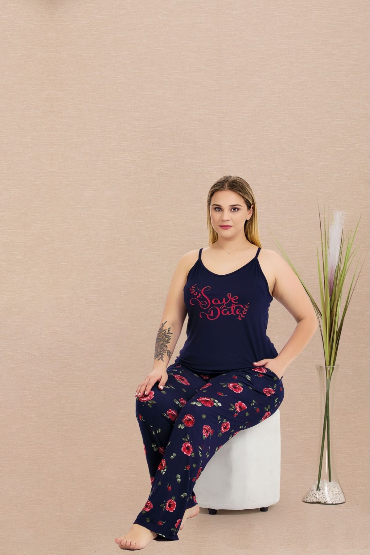 Lady Lingerie İnce Askılı,Çiçekli,Battal Beden Kadın Pijama Takımı