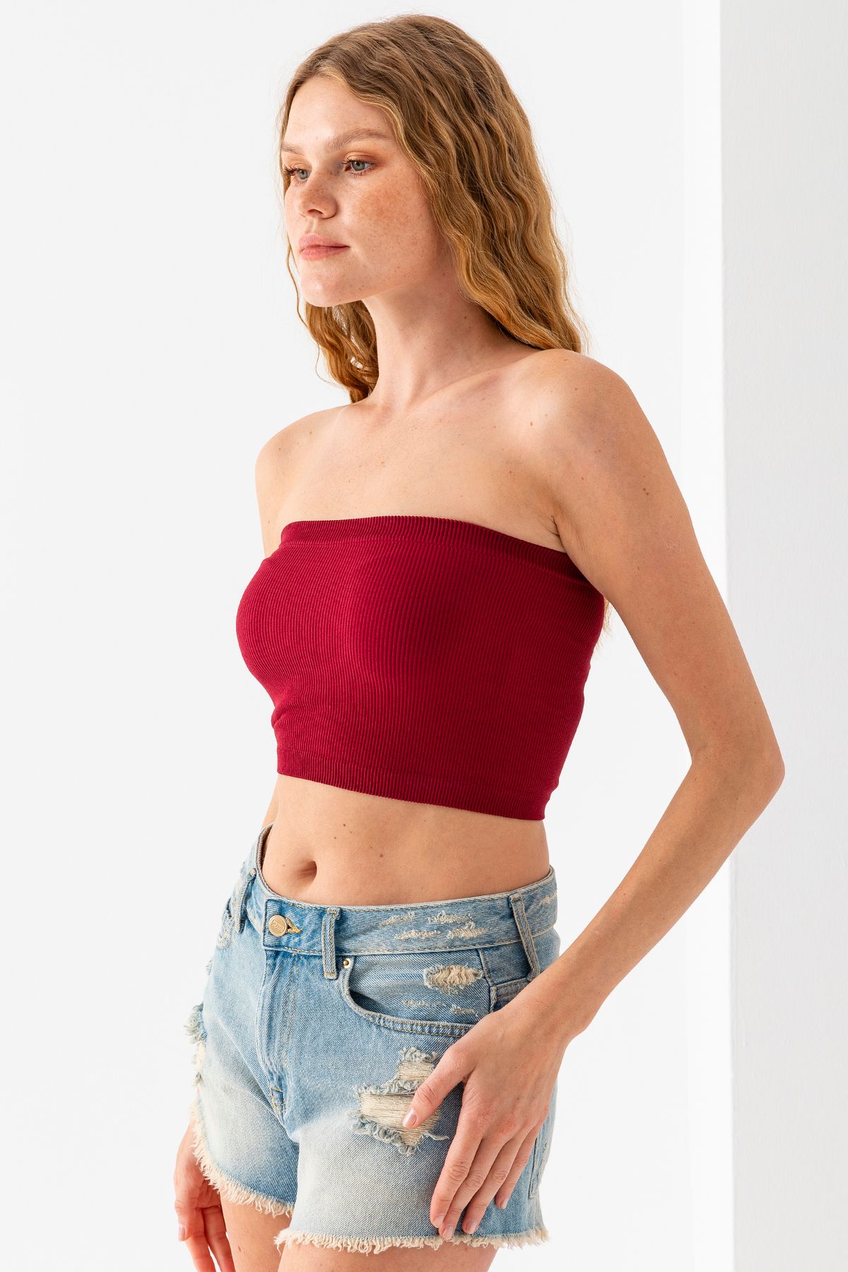 GİYSA Kadın Straplez Yaka Fitilli Crop Bordo - MS0000245