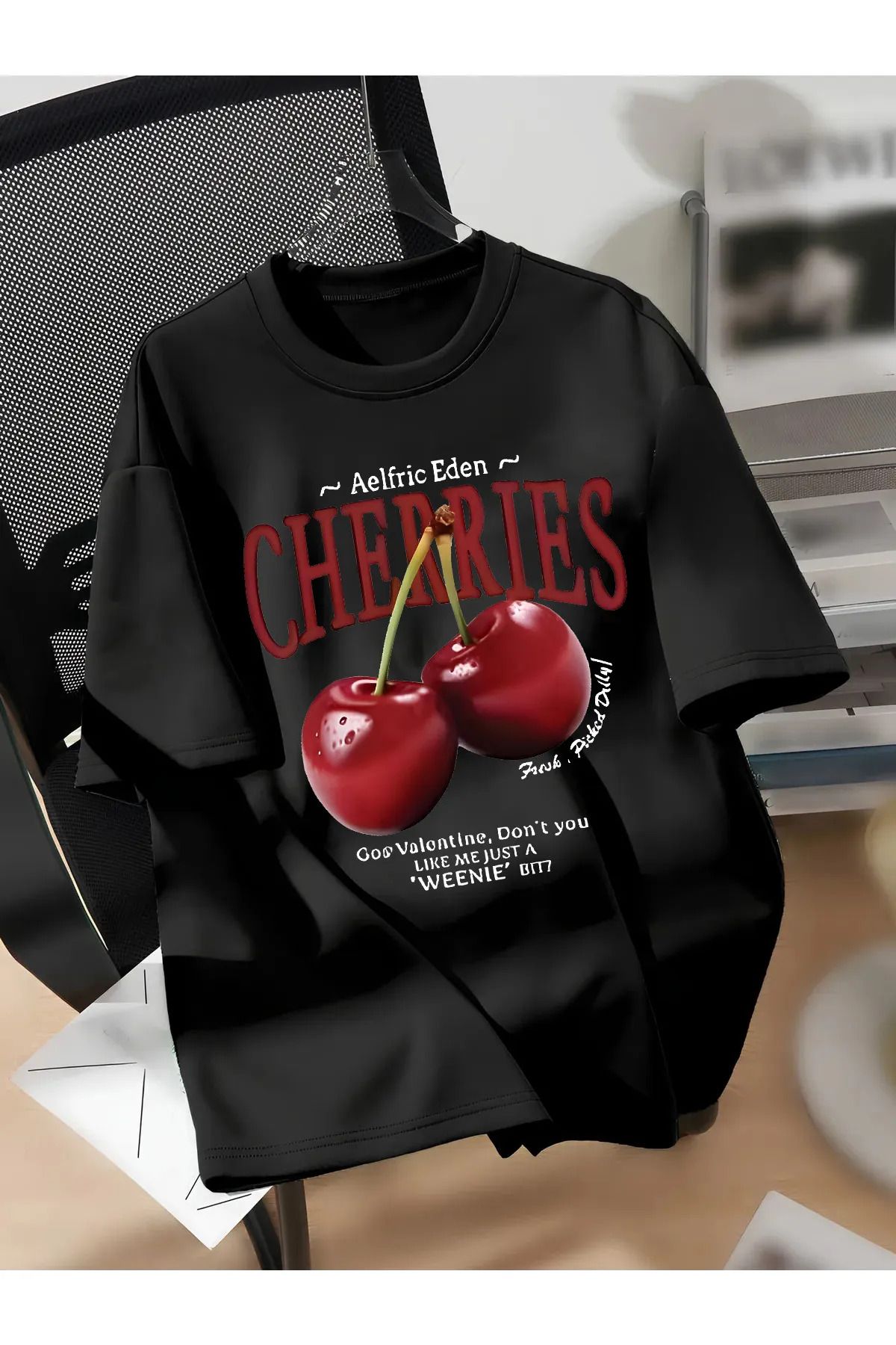 AEMİ Unisex Cherries Baskılı %100 Pamuk Oversize T-Shirt