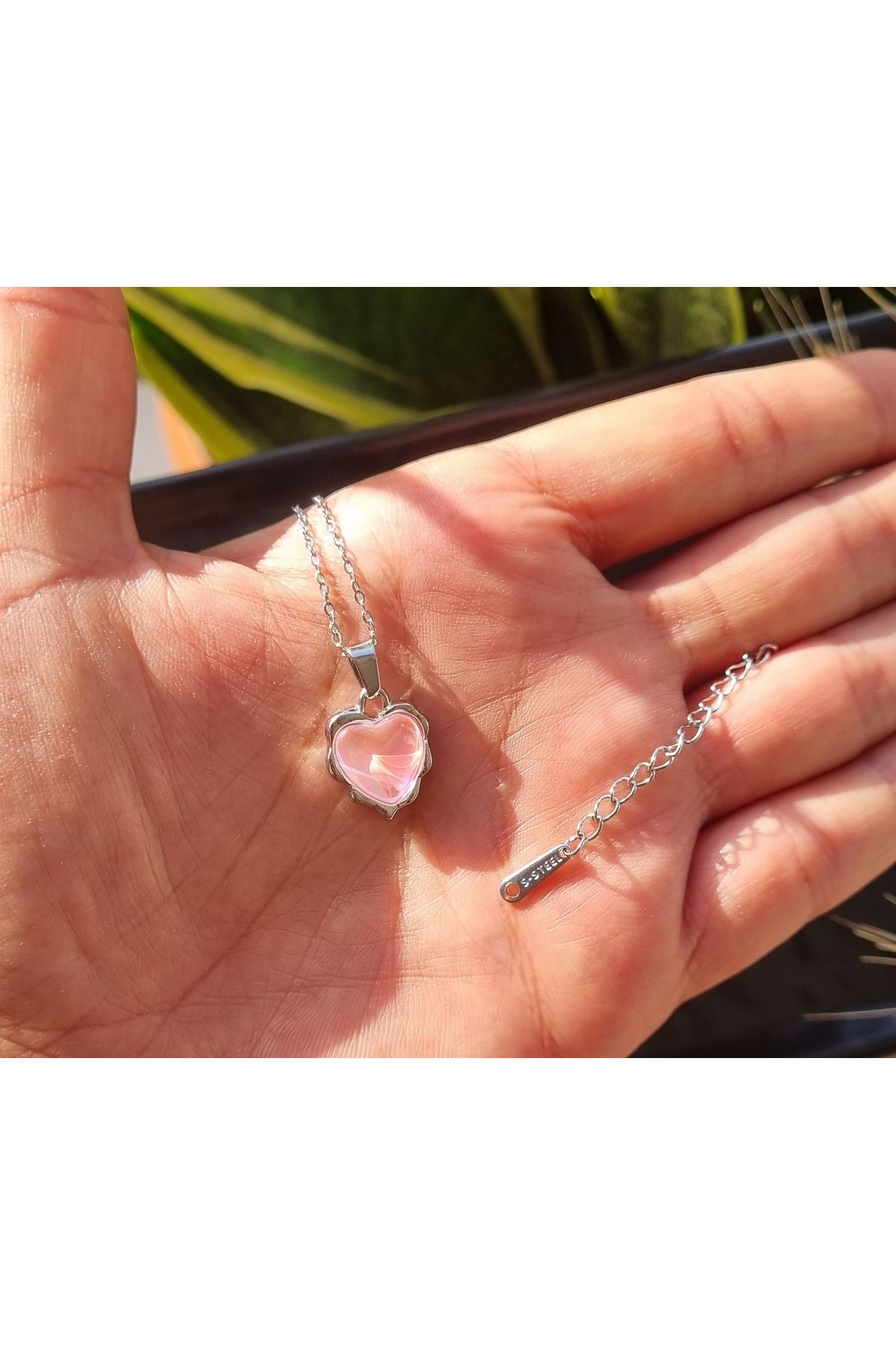 one cat charm Y2k Model Çelik Zincir Gümüş Renk Pembe Kalp Kolye