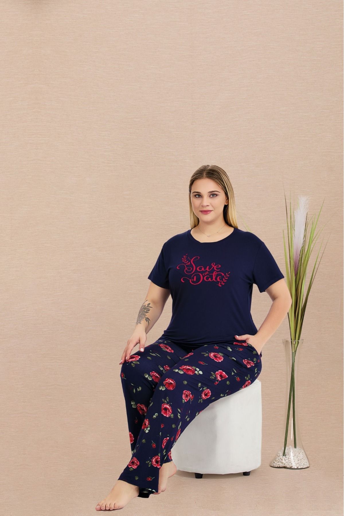 Lady Lingerie Kısa Kollu Çiçekli Battal Beden Kadın Pijama Takımı