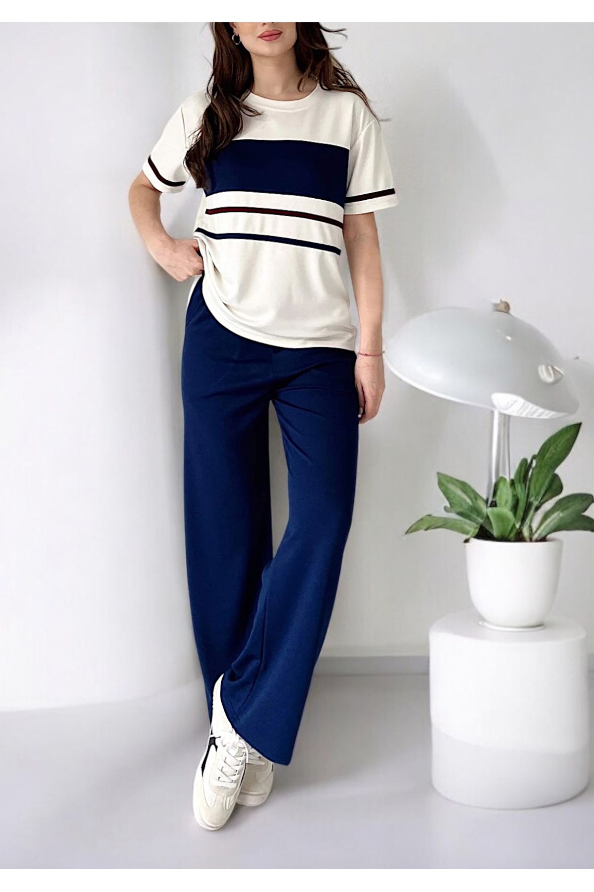 studio fashion 1988 Kadın Lacivert-Bordo Şeritli Premium Modal Kumaş Kısa Kol Eşofman Takımı