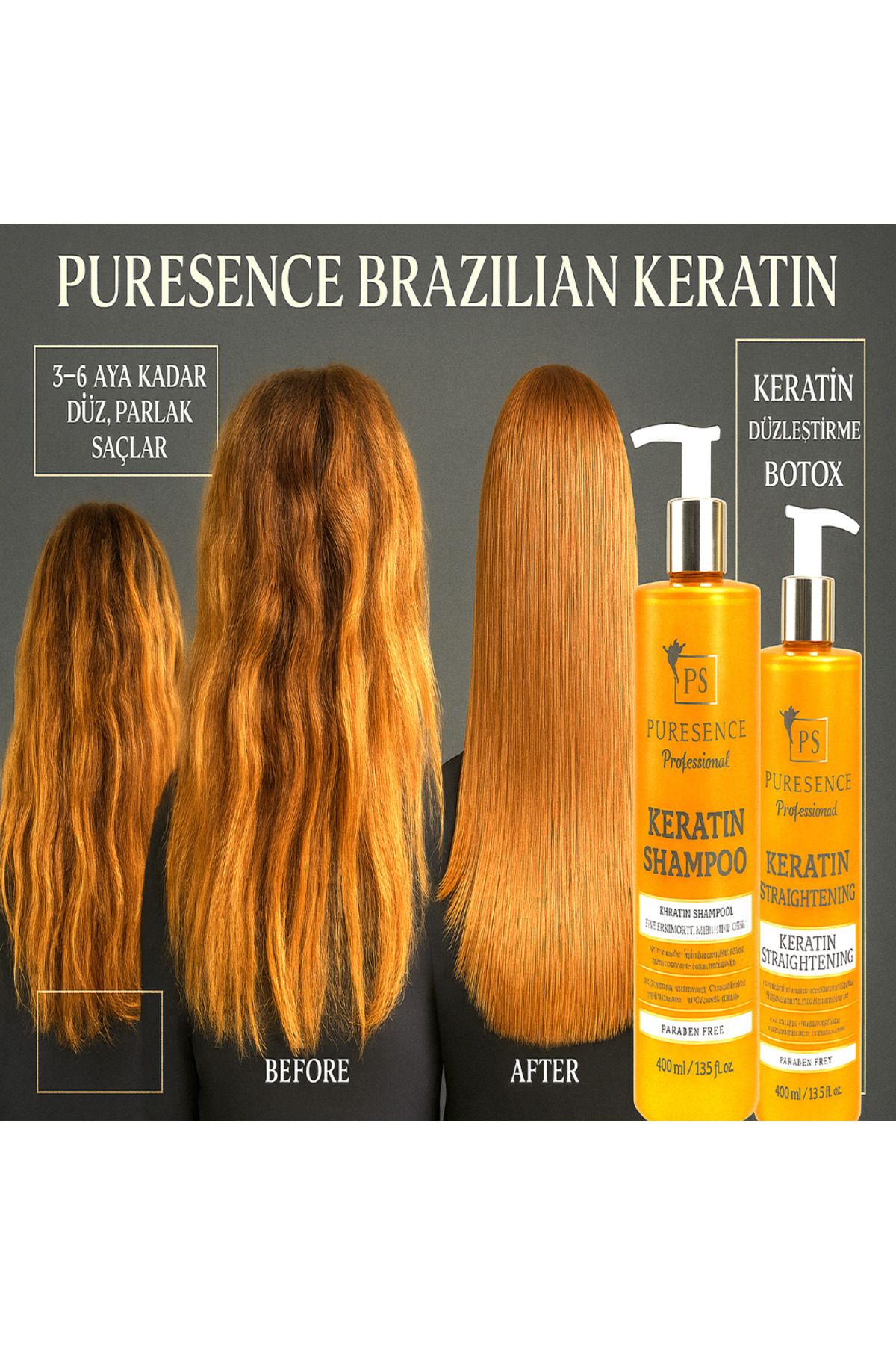 PURESENCE 400ml Brezilya Keratin Düzleştirici Botox ve 400 ML Tuzsuz Şampuan Seti –