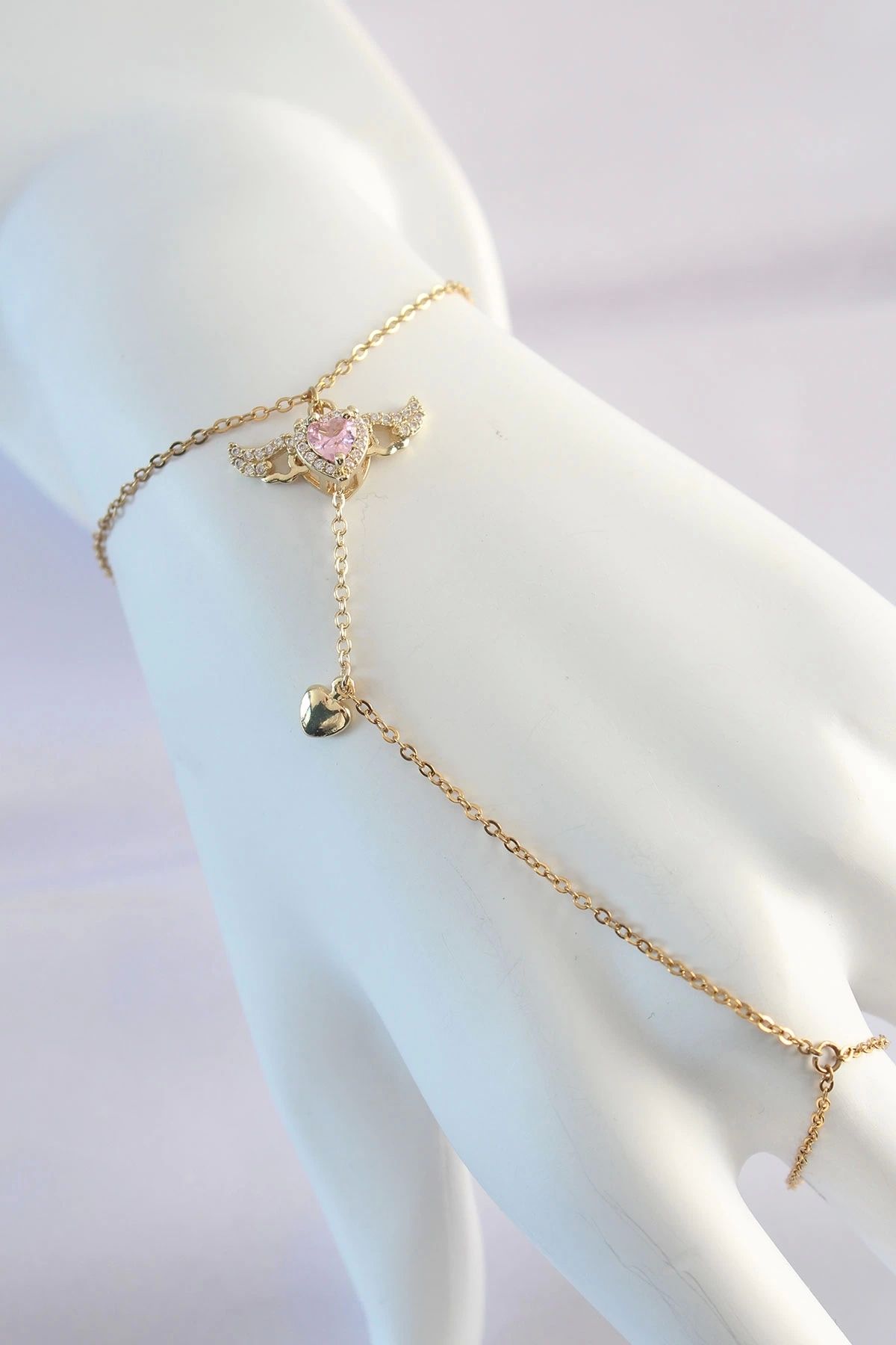 YNT İthalat 316L Çelik Gold Renk Pembe Zirkon Taşlı Kanatlı Kalp Model Şahmeran