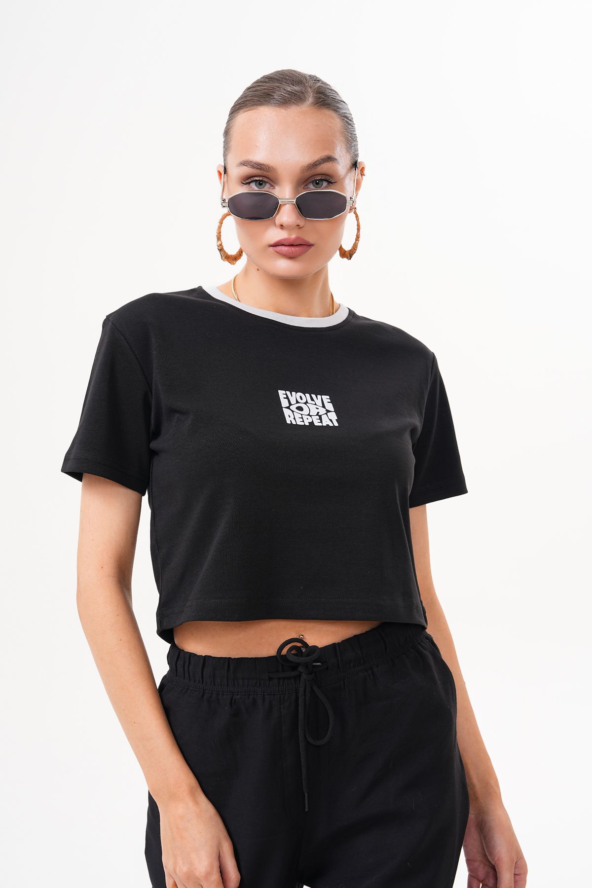 SALTİMORE Siyah - Gri Renk Bloklu %100 Pamuk Slogan Baskı Fitted/Vücuda Oturan Örme T-Shirt