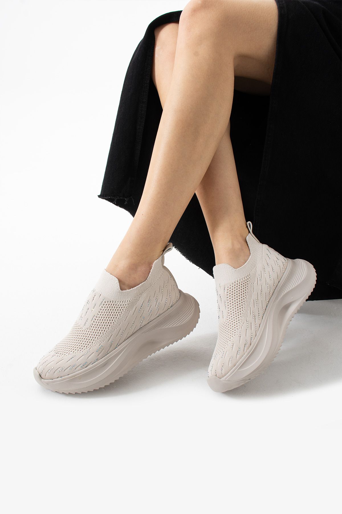 TexFoot Kadın Taş Detaylı Bağcıksız Kalın Taban Rahat Memory Foam İç Tabanlı Sneaker Spor Ayakkabı