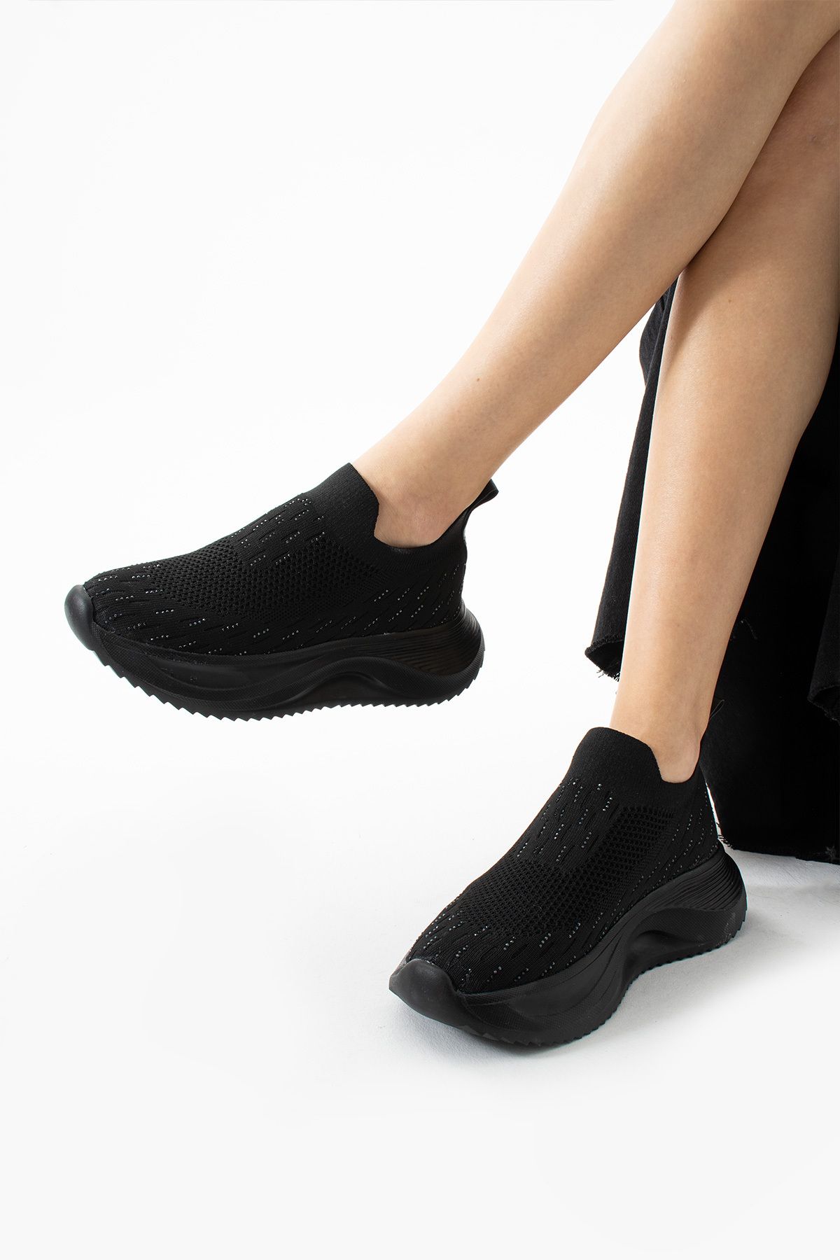 TexFoot Kadın Taş Detaylı Bağcıksız Kalın Taban Rahat Memory Foam İç Tabanlı Sneaker Spor Ayakkabı