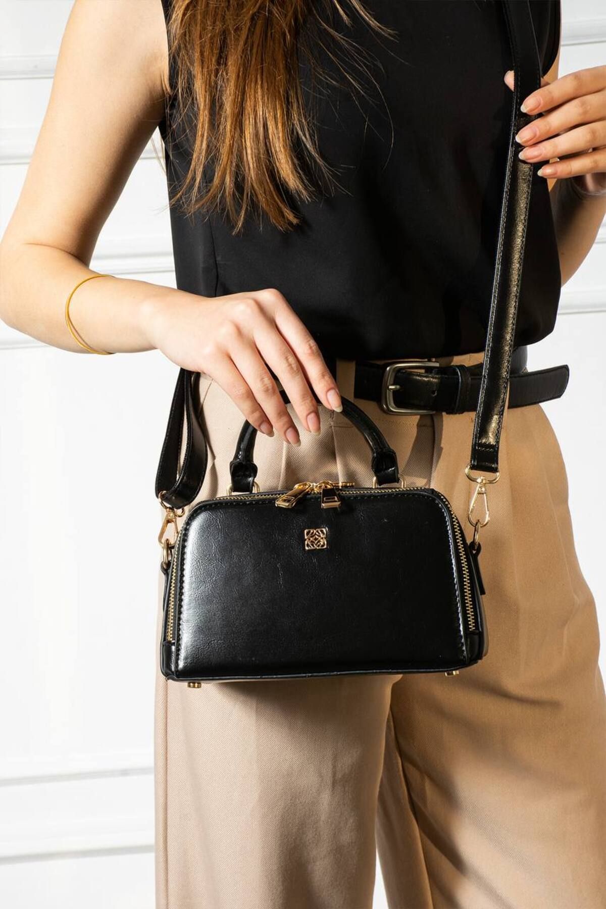Classbag Kadın Siyah Kaliteli İki Fermuarlı Kartlık Detaylı El ve Omuz Çantası