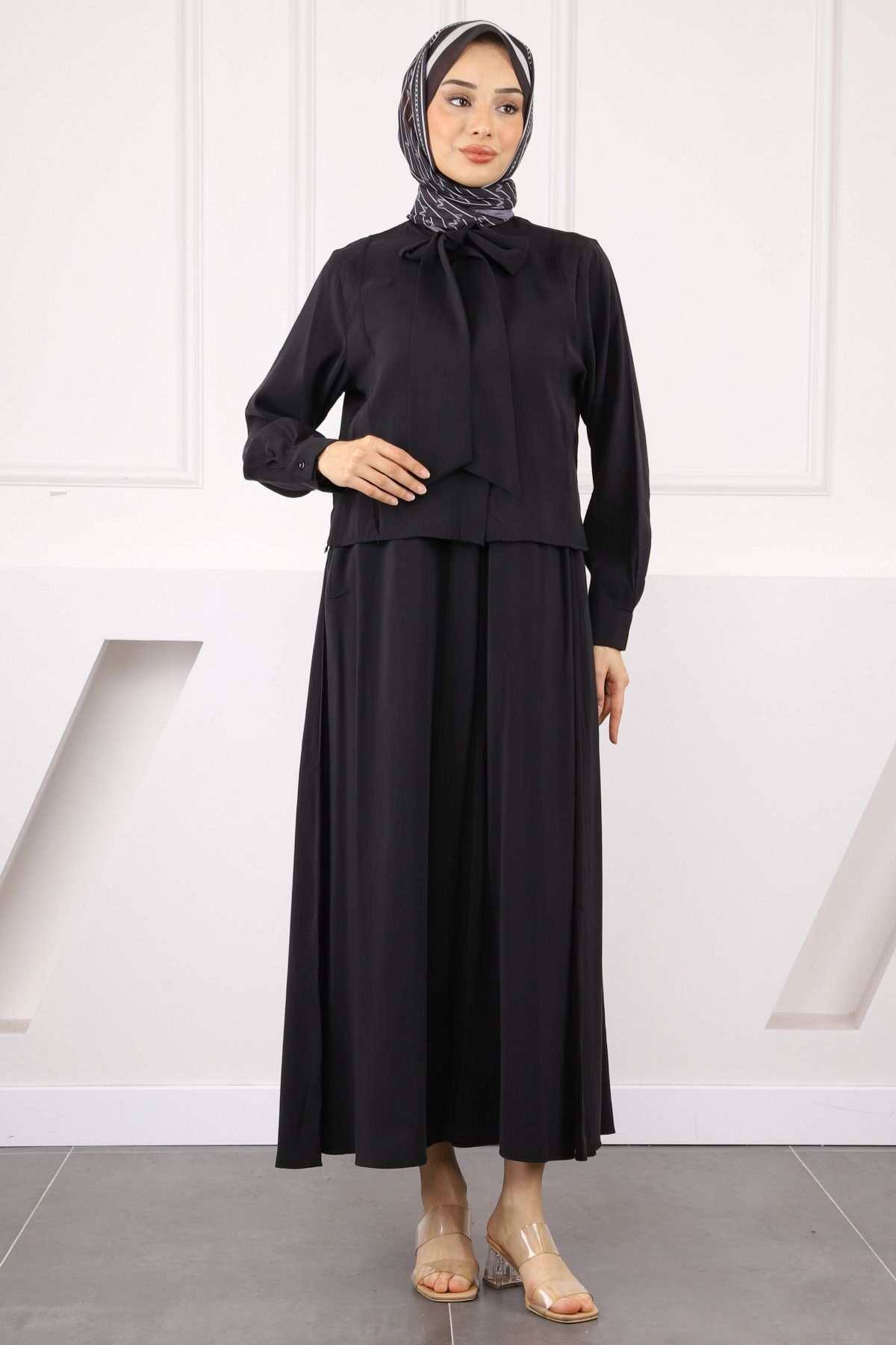 İmajButik Siyah Yaka Detaylı Gömlek Etekli Takım