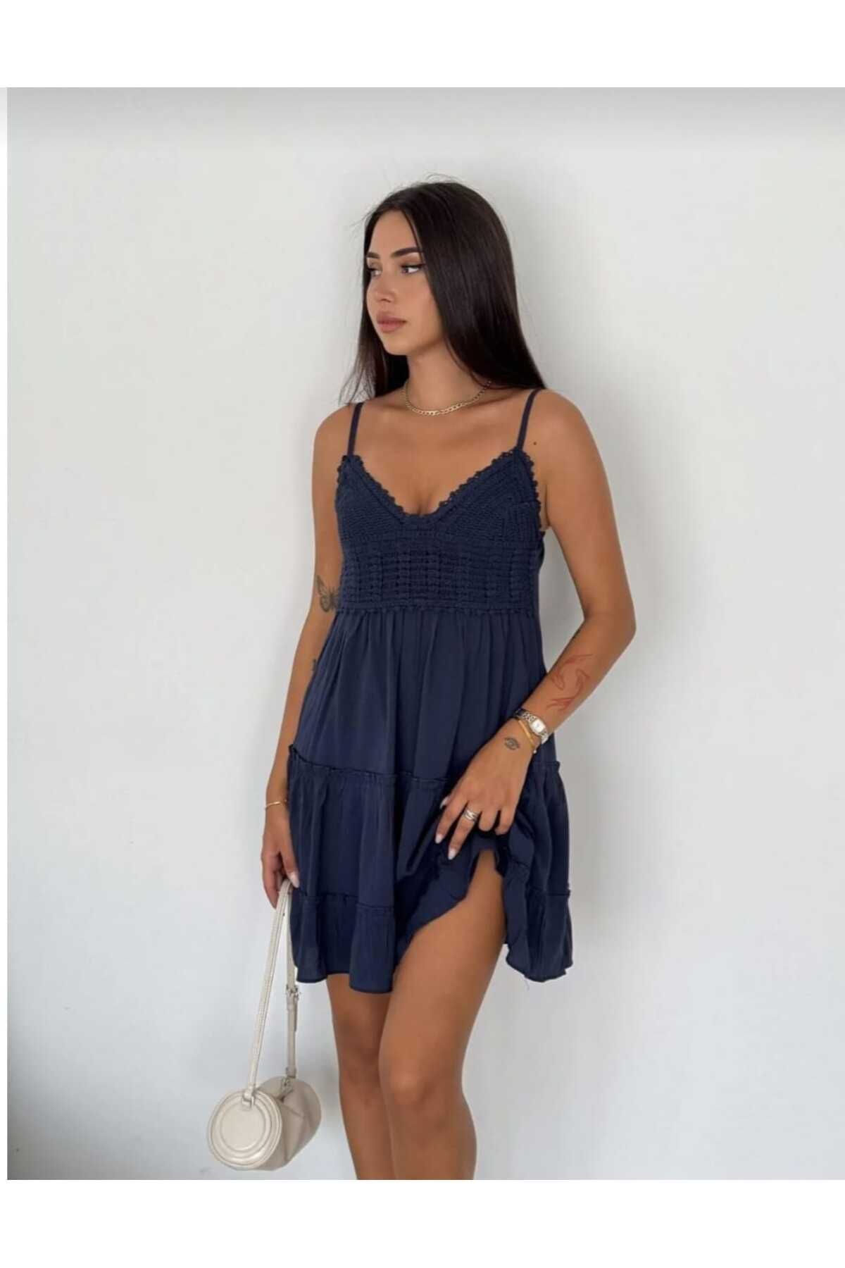 YAKAMOZ34BUTİK İP ASKILI ASTARLI GÜPÜRLÜ MİNİ KISA ELBİSE
