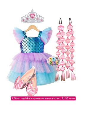 3b kids deniz kızı kabarık kostüm elbise + bubble saç + taç + deniz kızı babe...