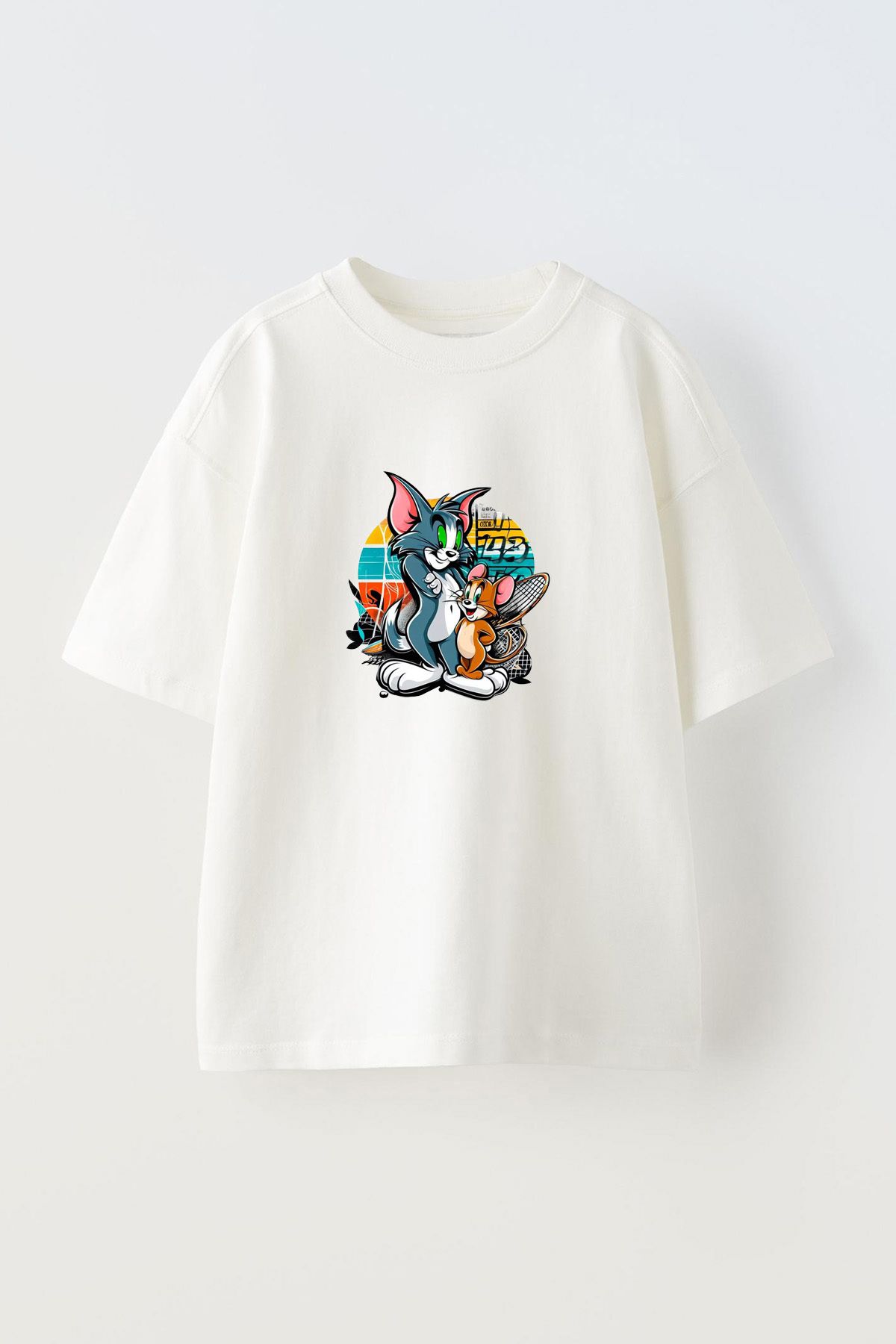 Anetos Tom And Jarry Ön Baskılı Pamuk Beyaz Oversize T-shirt