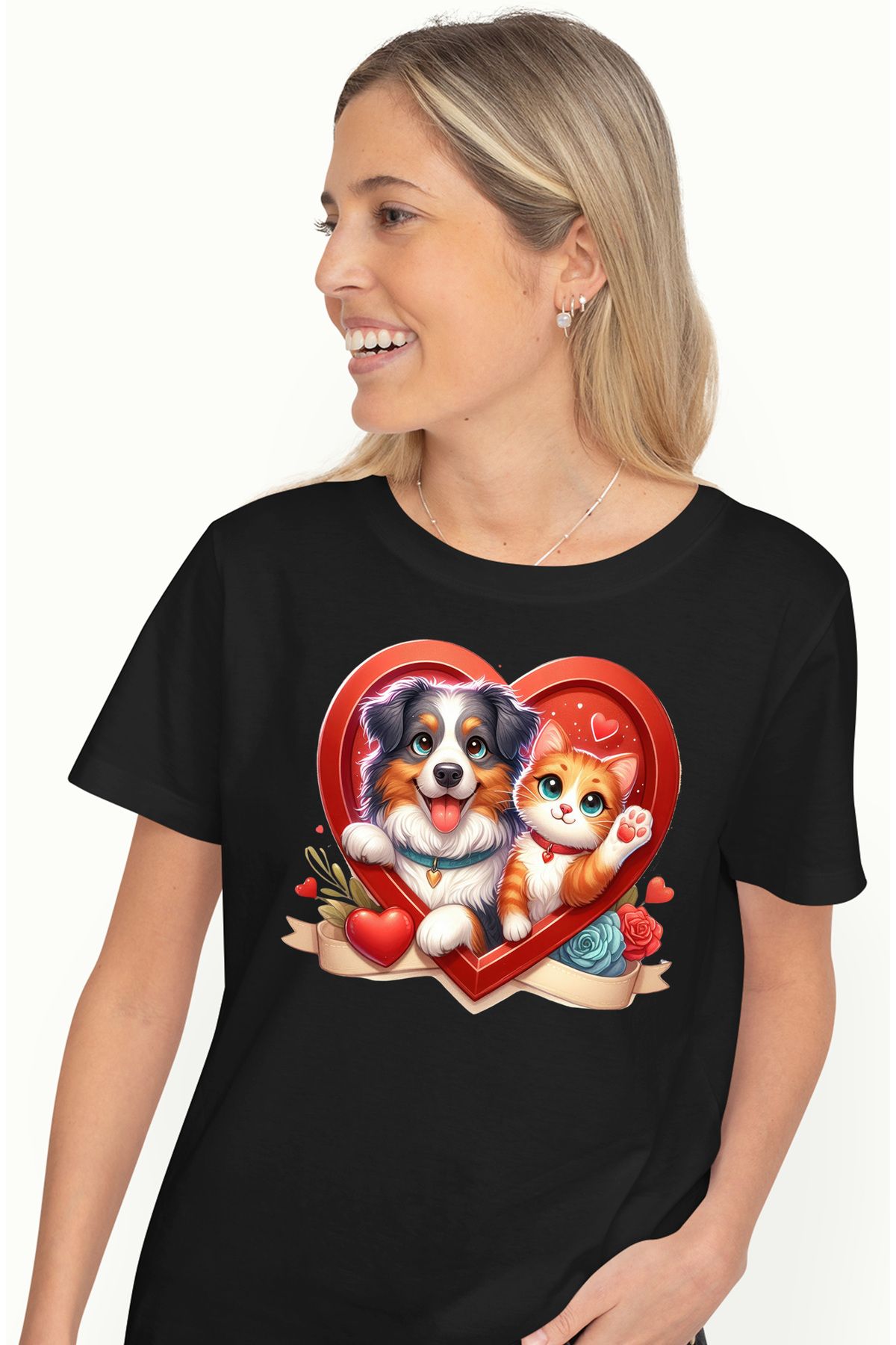 StoryGift Romania Tricou Femei O Pisicuta Si Un Catel, Veselie, Rama In Forma De Inima, Flori, Int Blk_xs Femeie - M