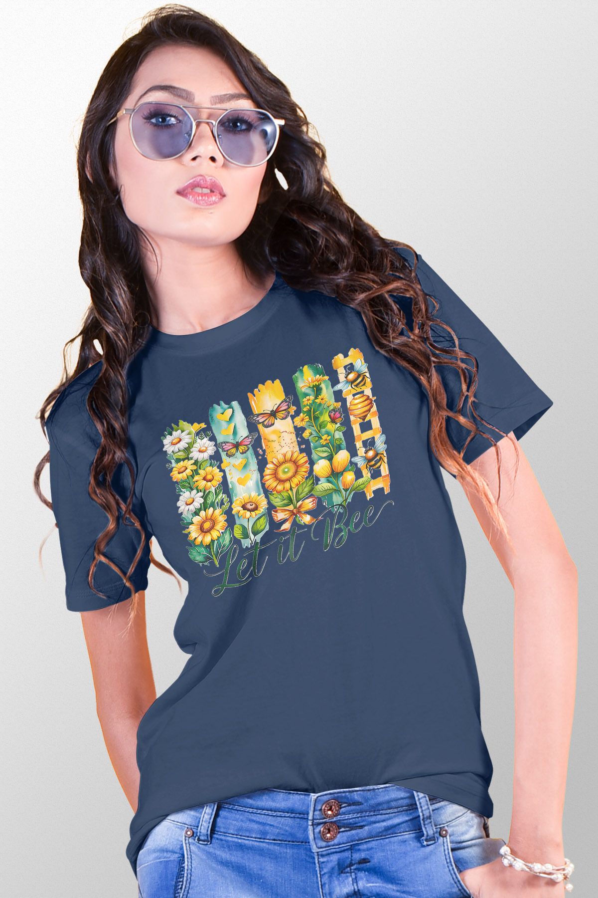 qoeuyl boutique Let It Bee Baskılı Unisex Regular Fit Pamuklu Lacivert Tişört