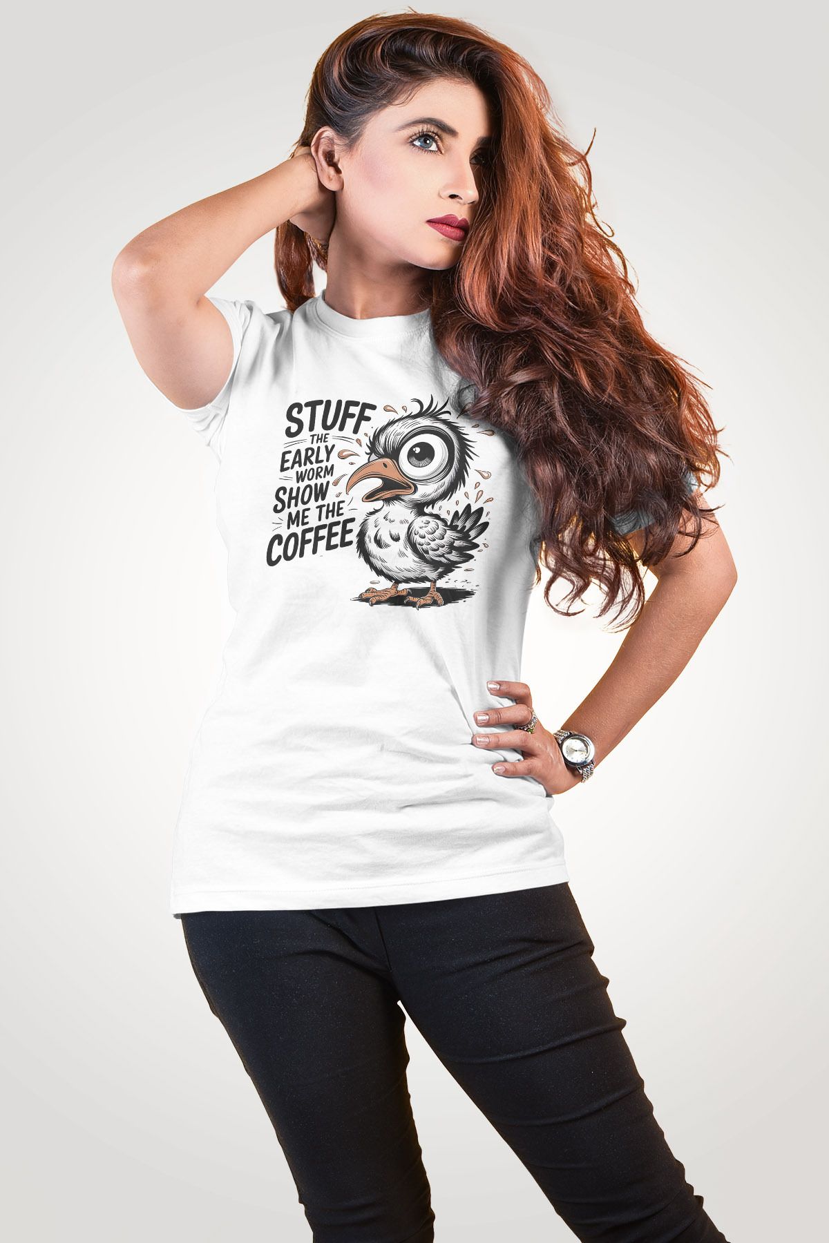 qoeuyl boutique Stuff The Early Worm Show Me The Coffee Baskılı Unisex Regular Fit Pamuklu Beyaz Tişört