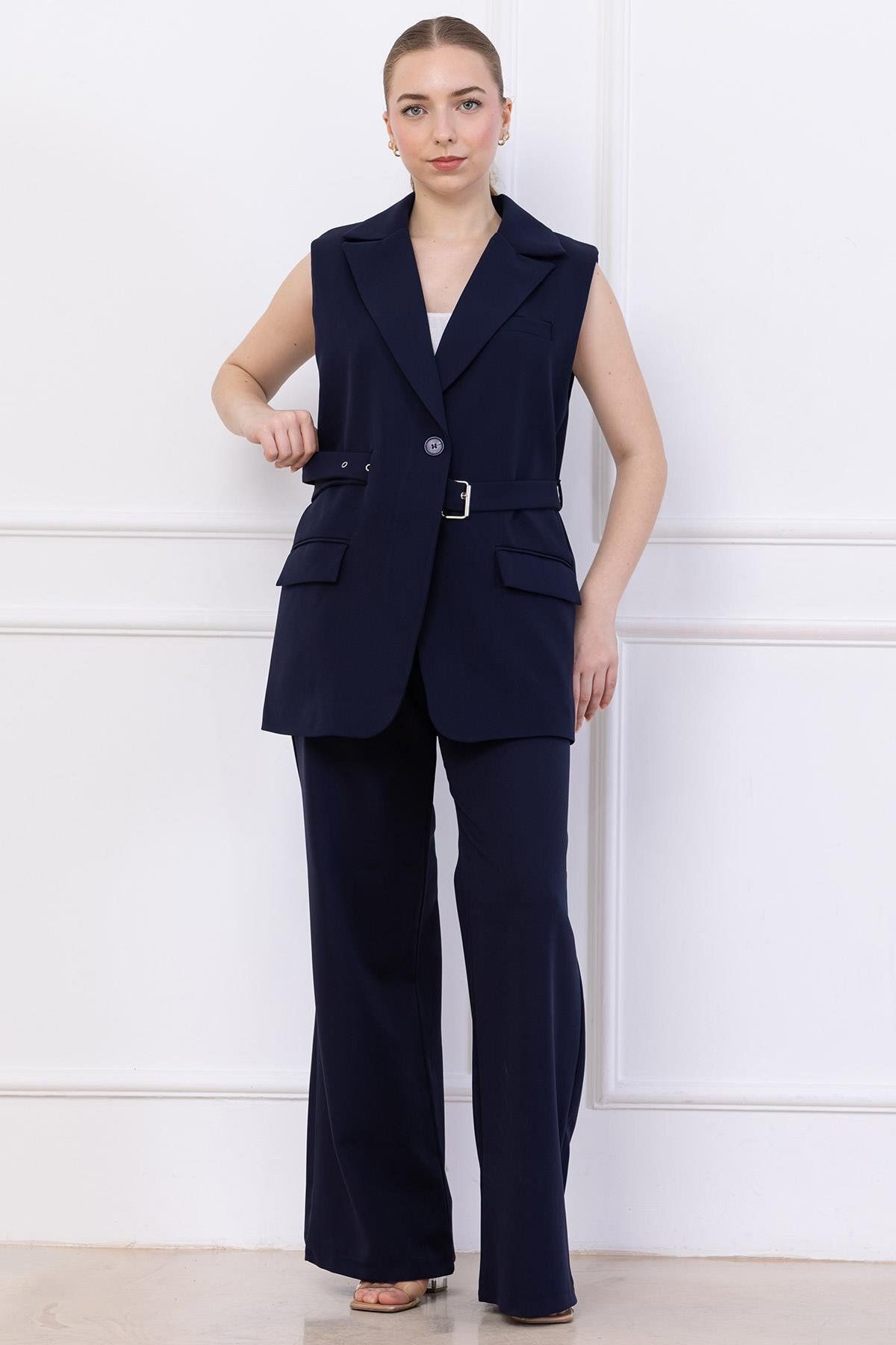 SENSTIL Kemerli Yelekli Takım Lacivert SS2749