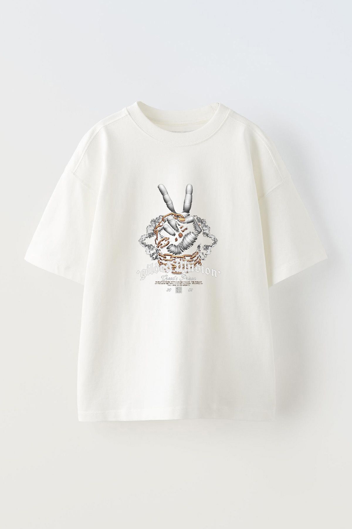 Anetos Gilded İllusion Ön Baskılı Pamuk Beyaz Oversize T-shirt
