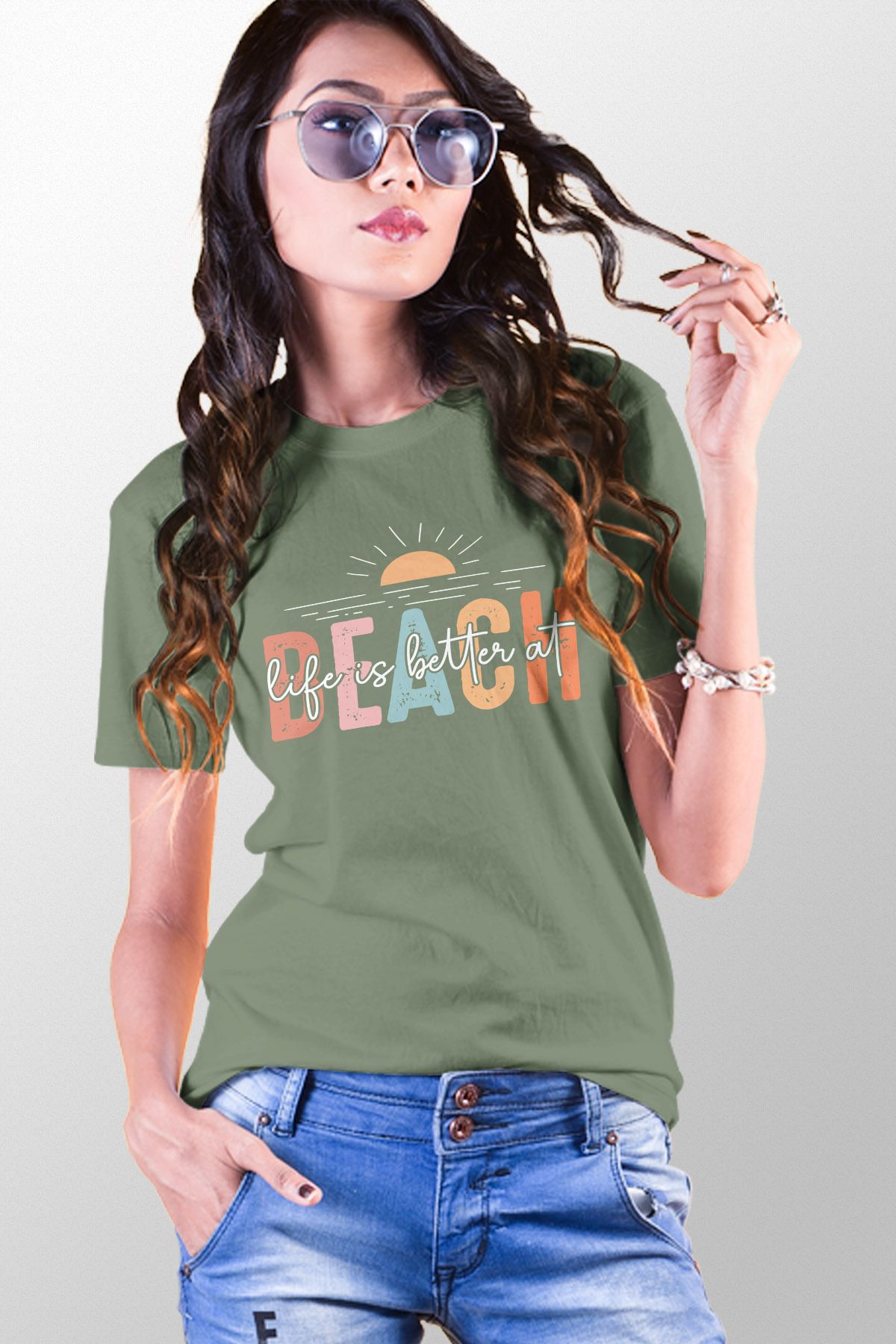 qoeuyl boutique Life İs Better At Beach Baskılıyaz Temalı Unisex Regular Fit Pamuklu Yeşil Tişört