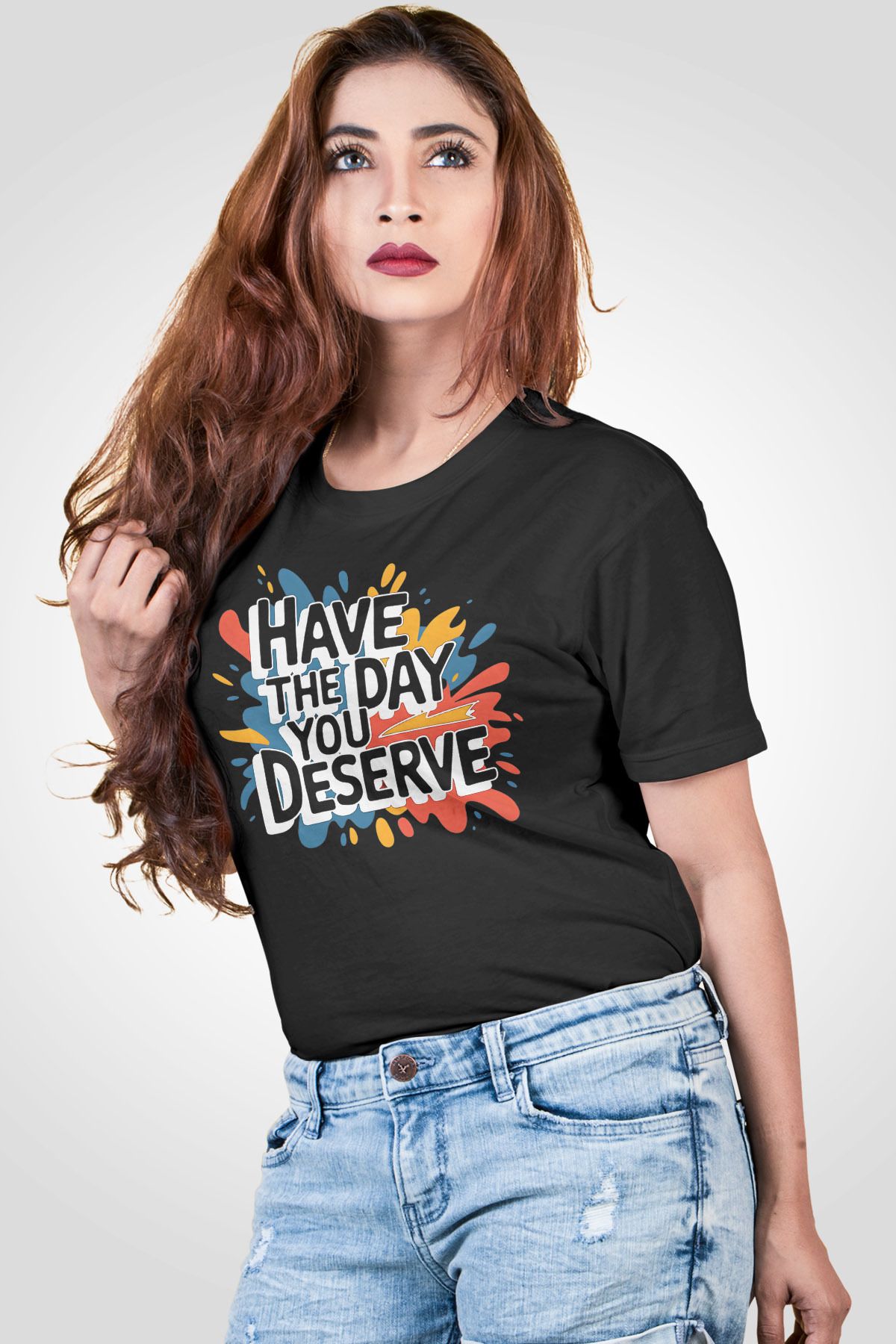 qoeuyl boutique Have The Day You Deserve Baskılı Unisex Regular Fit Pamuklu Siyah Tişört