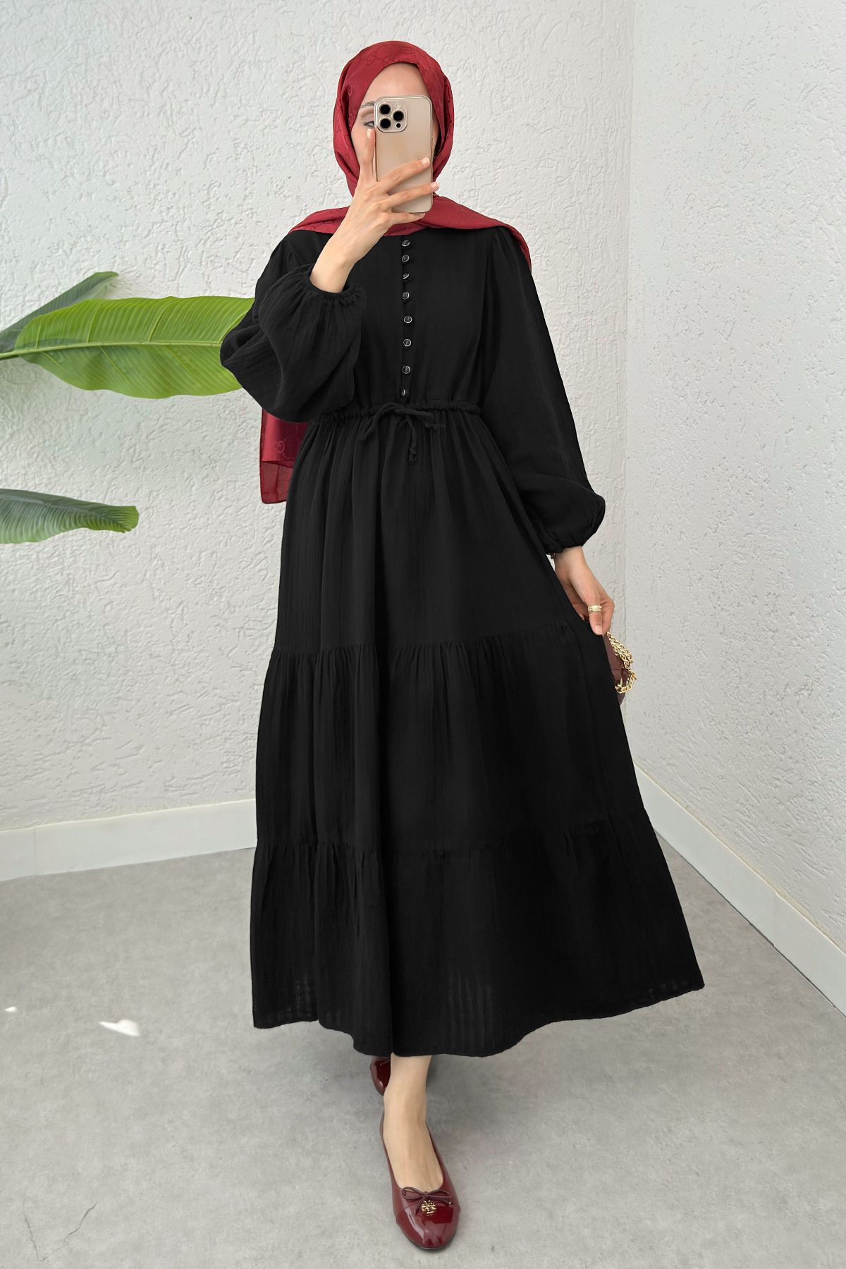 ALLMİRA FASHION Birit Düğme Detaylı Keten Elbise