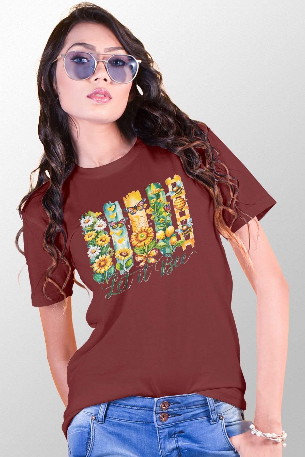 qoeuyl boutique Let It Bee Baskılı Unisex Regular Fit Pamuklu Bordo Tişört
