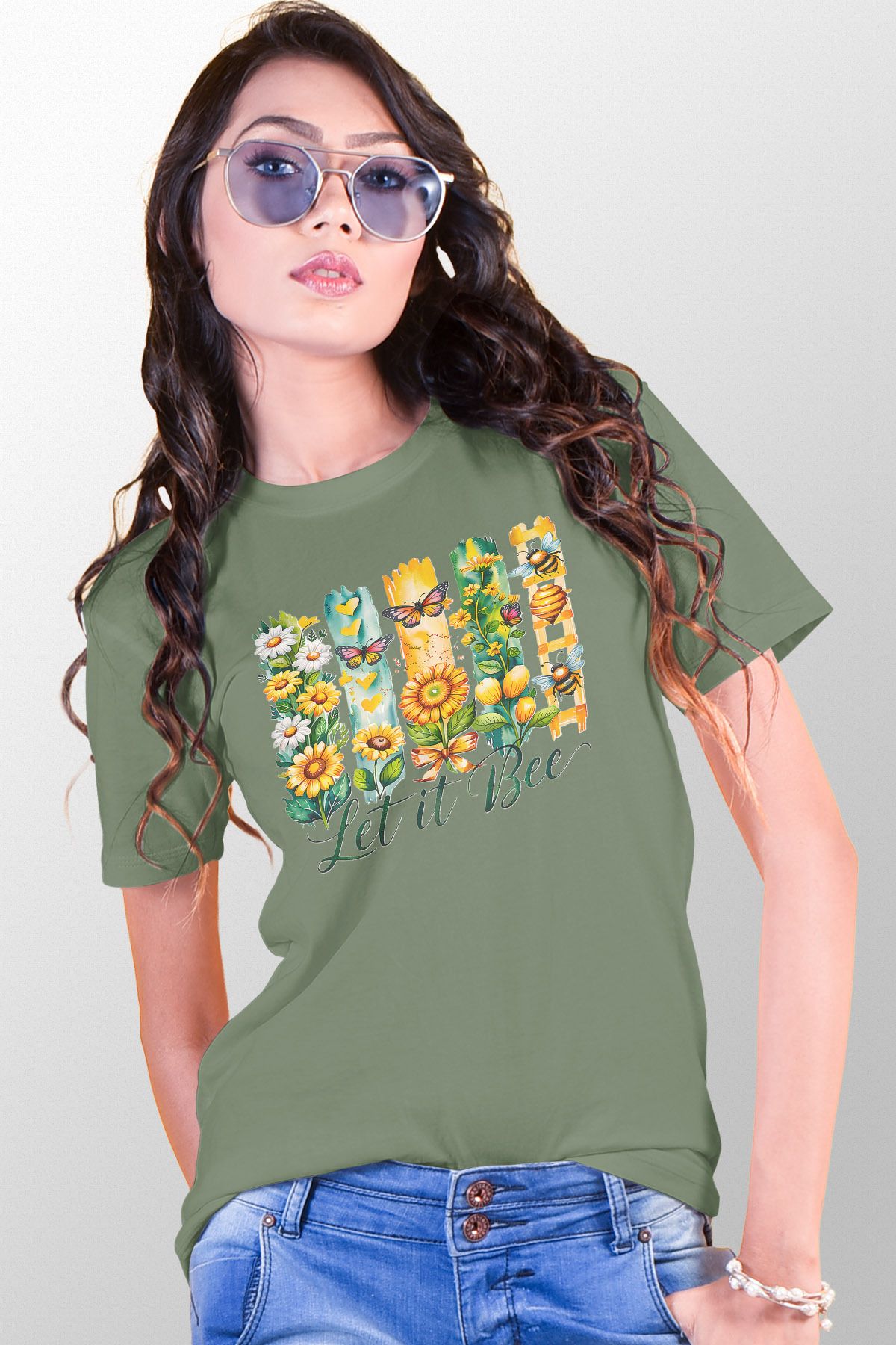 qoeuyl boutique Let It Bee Baskılı Unisex Regular Fit Pamuklu Yeşil Tişört