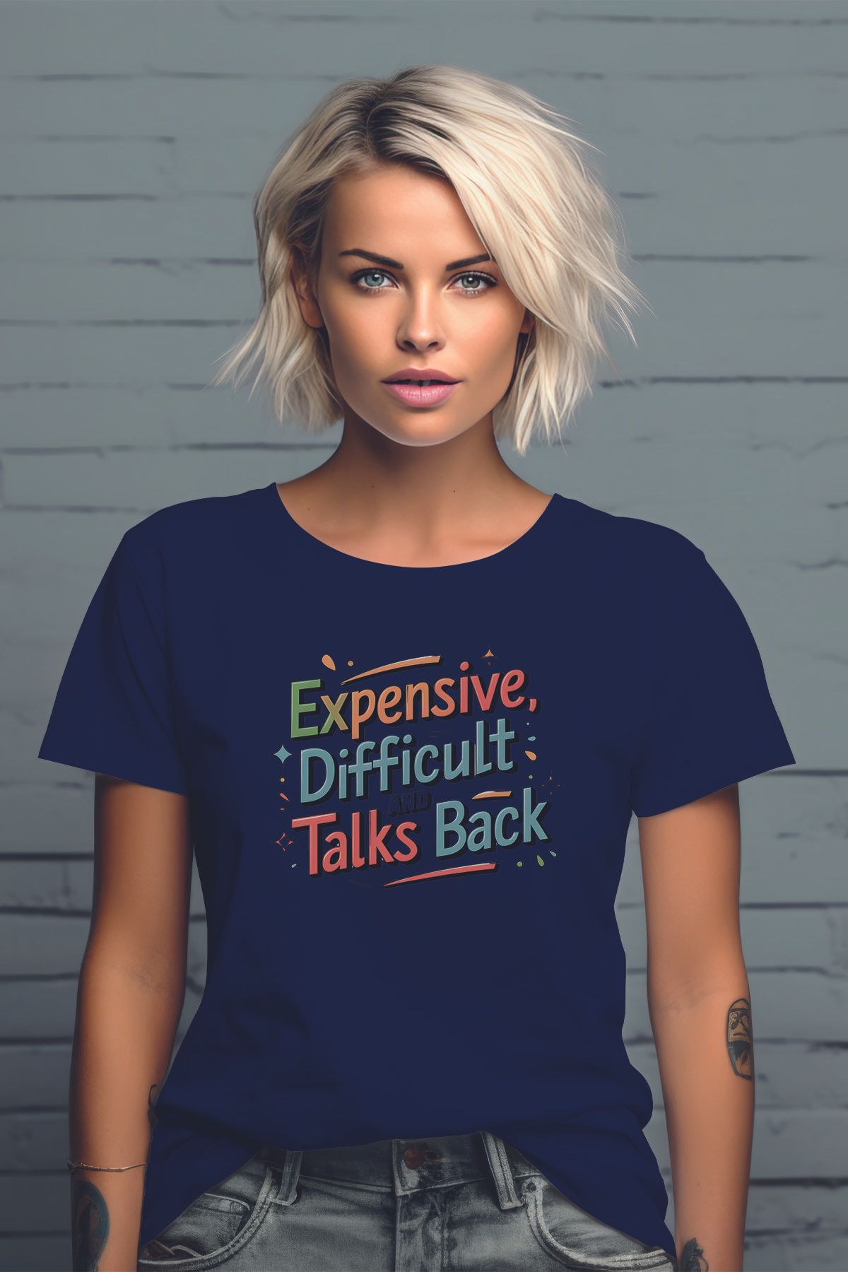 qoeuyl boutique Expensive Difficult And Talks Baskılı Unisex Regular Fit Pamuklu Lacivert Tişört
