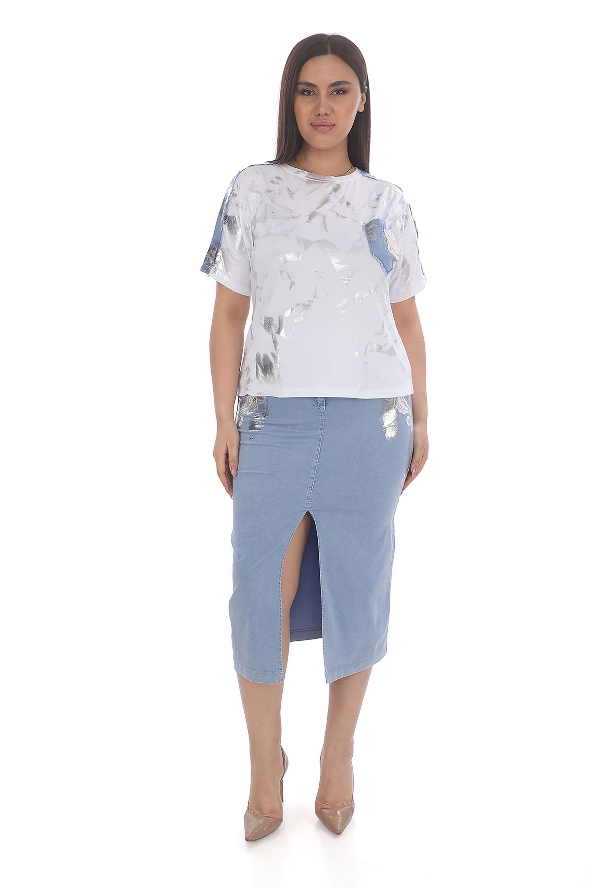 EXİTLİNE Kadın Baskılı Buz Mavi Etekli Takım Tshirt Etek