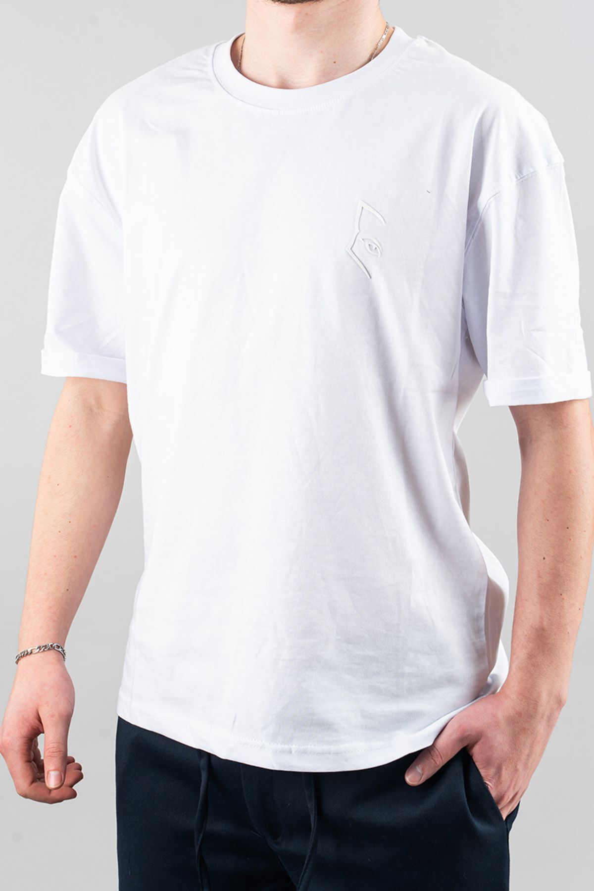bombe Erkek Özel Bisiklet Yaka Tişört Basic Yarı Owersize Düz Baskılı T-Shirt