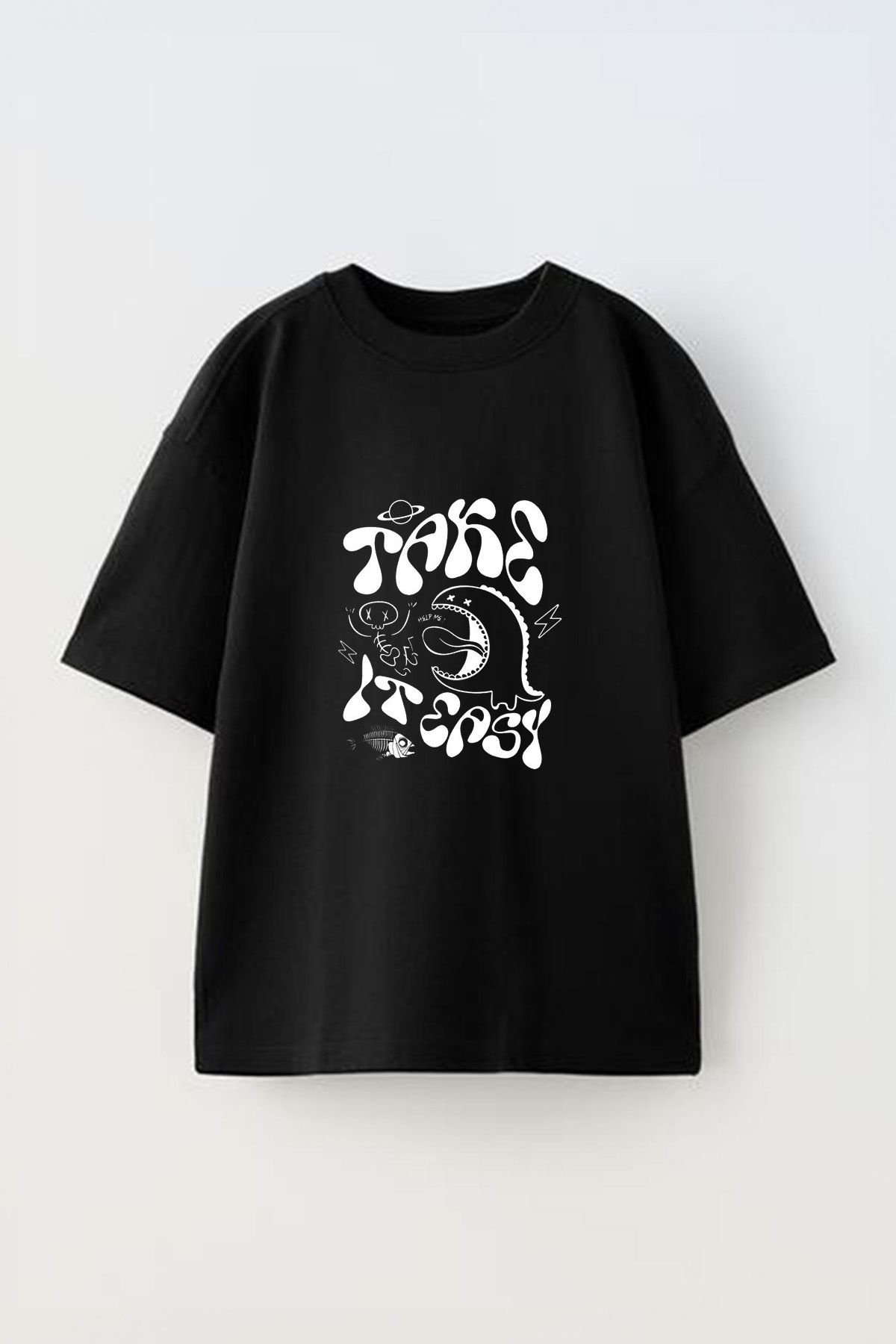 Anetos Take Dino Ön Baskılı Pamuk Siyah Oversize T-shirt