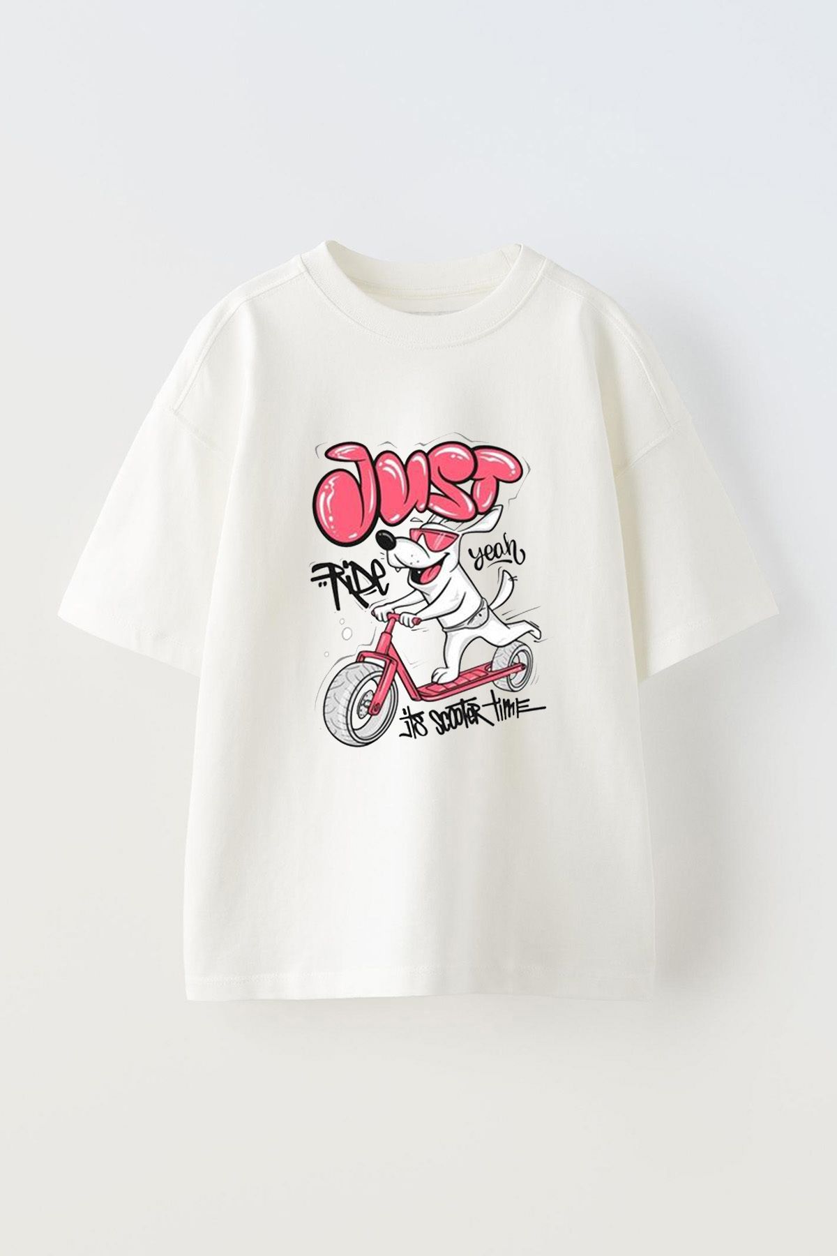 Anetos Just Ride Dog Ön Baskılı Pamuk Beyaz Oversize T-shirt