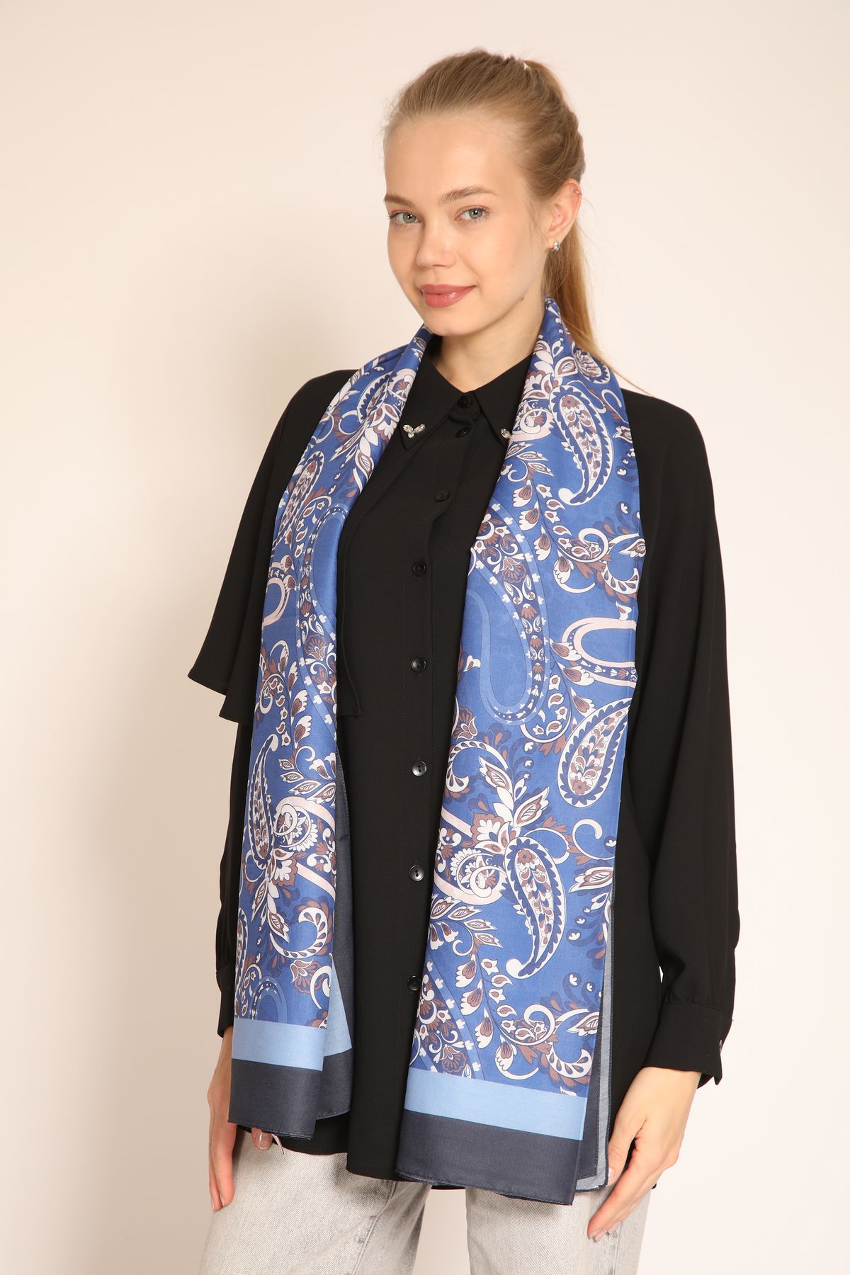 BERCHEM SCARF Vintage Esintili Mavi Soft Şal | Badem Desenli Şık ve Zarif Kadın Şal Modeli