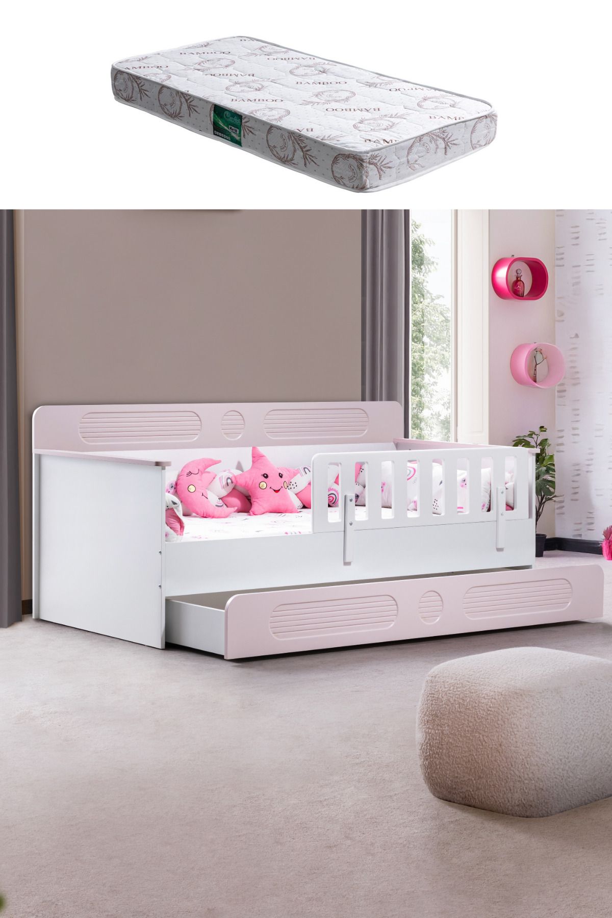 Setay Yavrulu Karyola, Flora Yavrulu Montessori Karyola - Pembe + 1 Adet Comfort Yatak