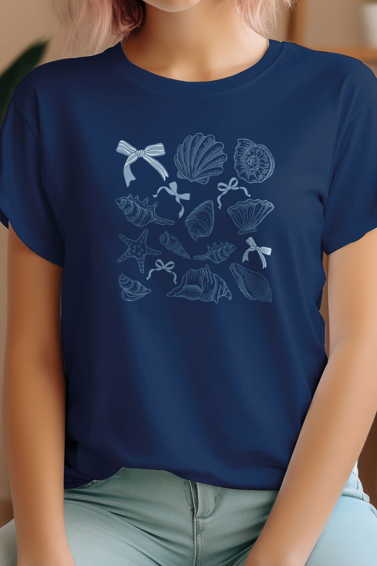qoeuyl boutique Deniz Kabukları Kurdele Baskılıyaz Temalı Unisex Regular Fit Pamuklu Lacivert Tişört