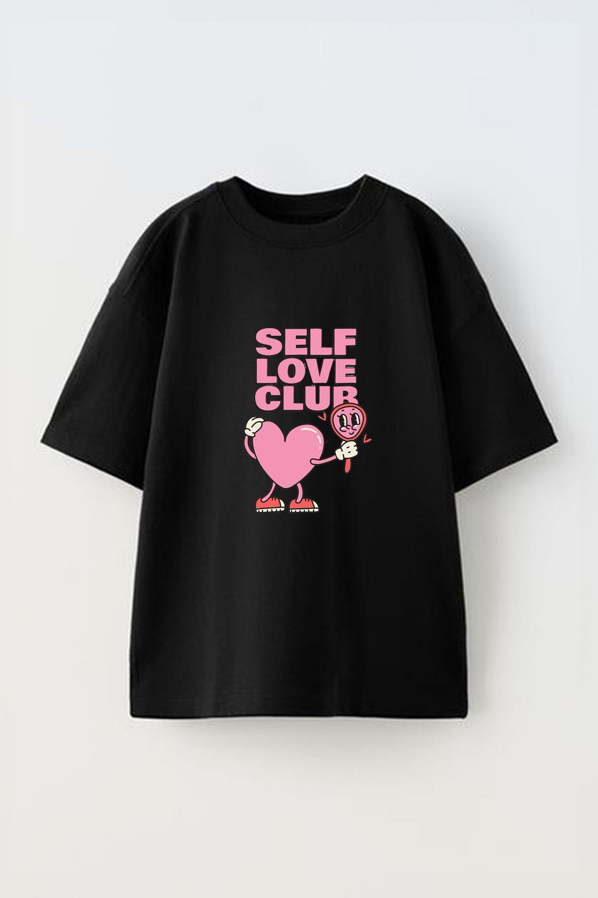 Anetos Self Love Club Ön Baskılı Pamuk Siyah Oversize T-shirt