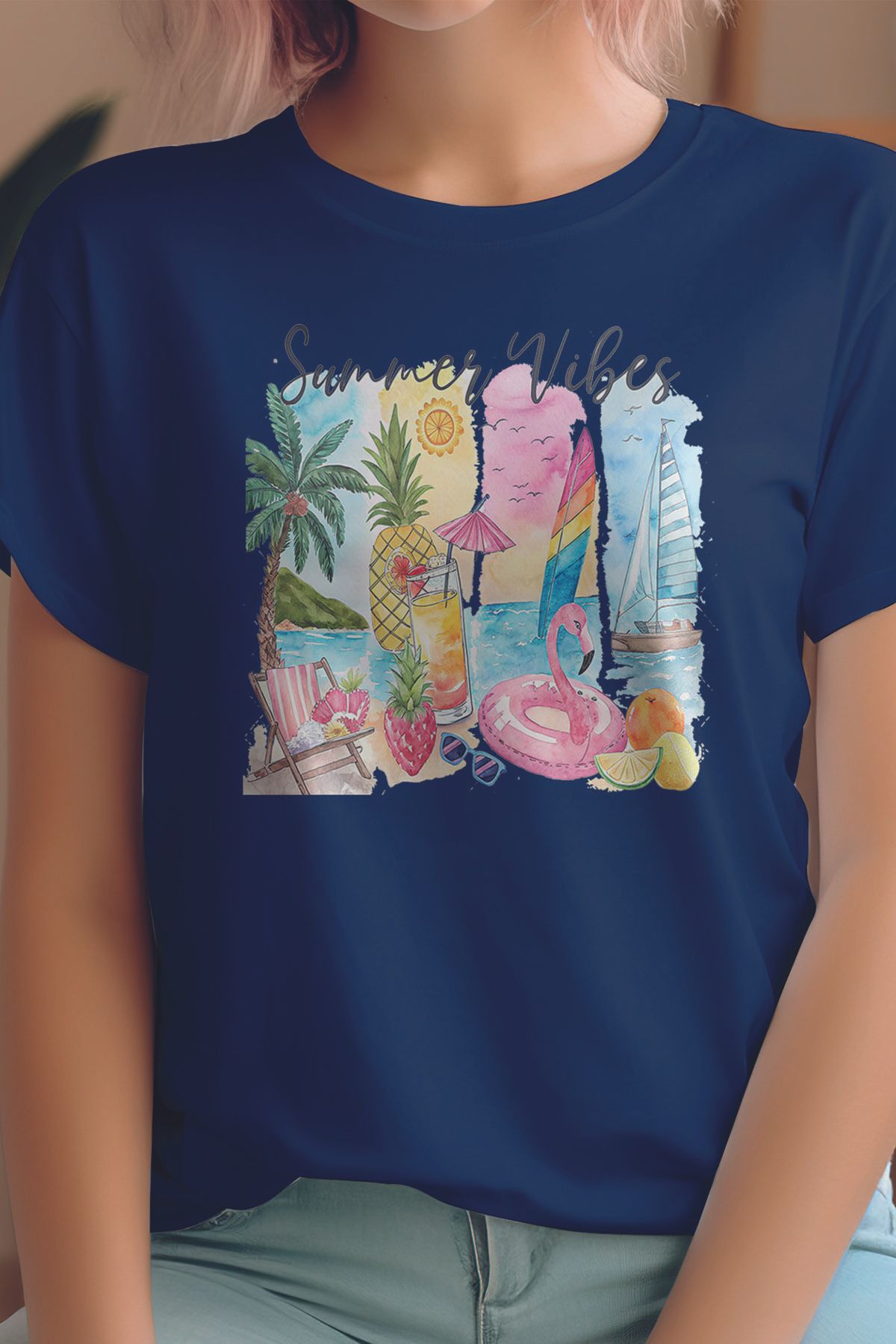 qoeuyl boutique Summer Vibes Baskılıyaz Temalı Unisex Regular Fit Pamuklu Lacivert Tişört