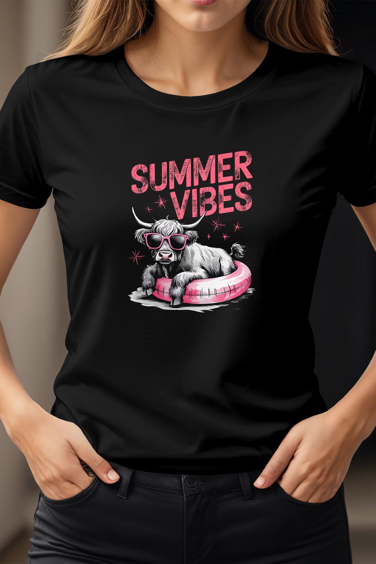 qoeuyl boutique Summer Vibes Cow Baskılı Unisex Regular Fit Pamuklu Siyah Tişört