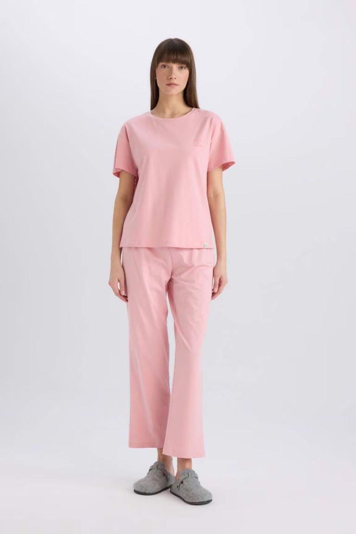 DeFacto Pijama Takımı Bisiklet Yaka Kısa Kollu Üst Beli Lastikli Uzun Altı-Fall in Love